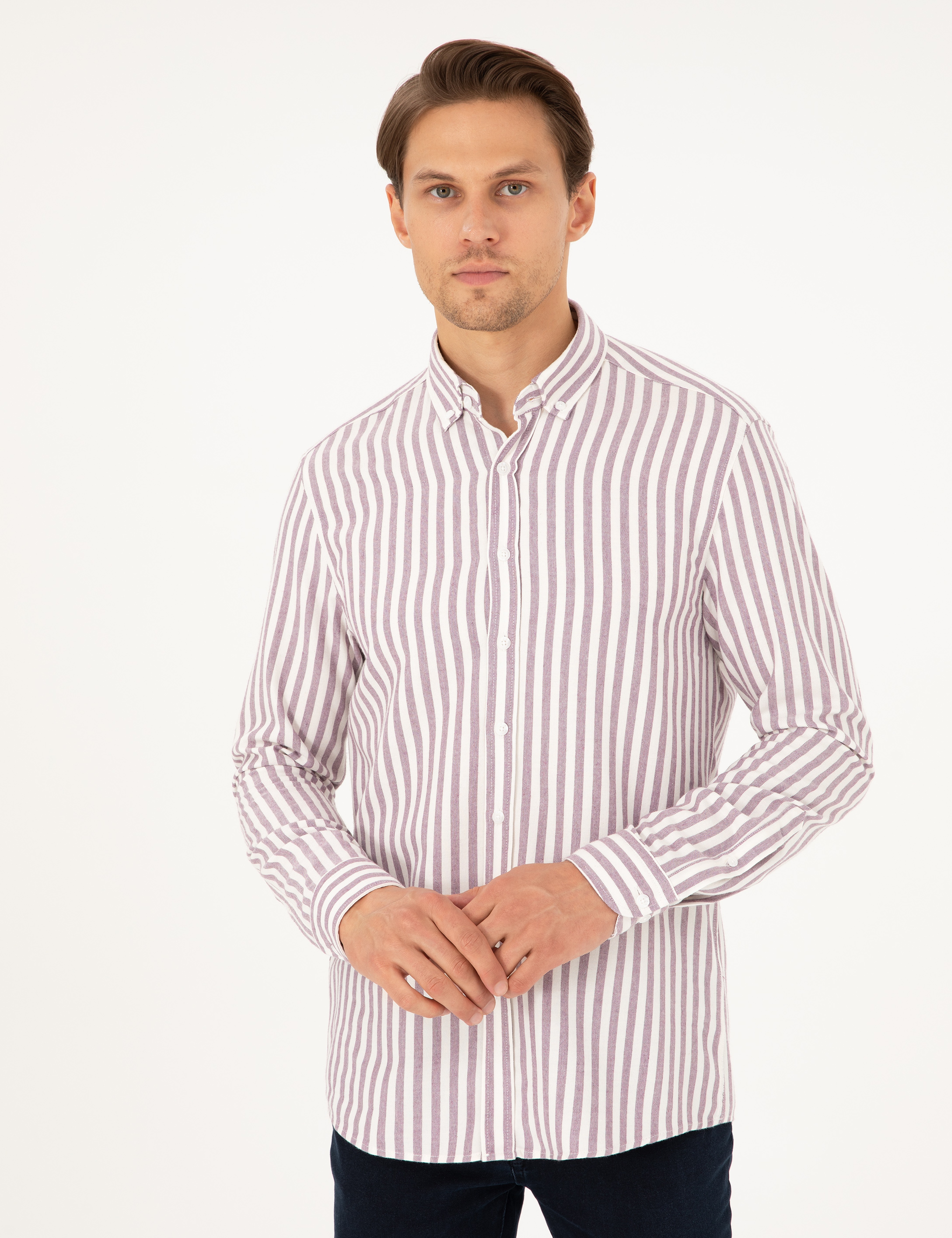 Mor Regular Fit Çizgili Uzun Kollu Gömlek - Image 3