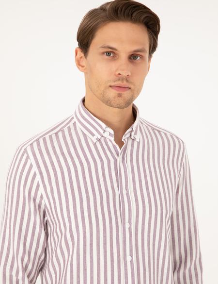 Mor Regular Fit Çizgili Uzun Kollu Gömlek - 50295253069