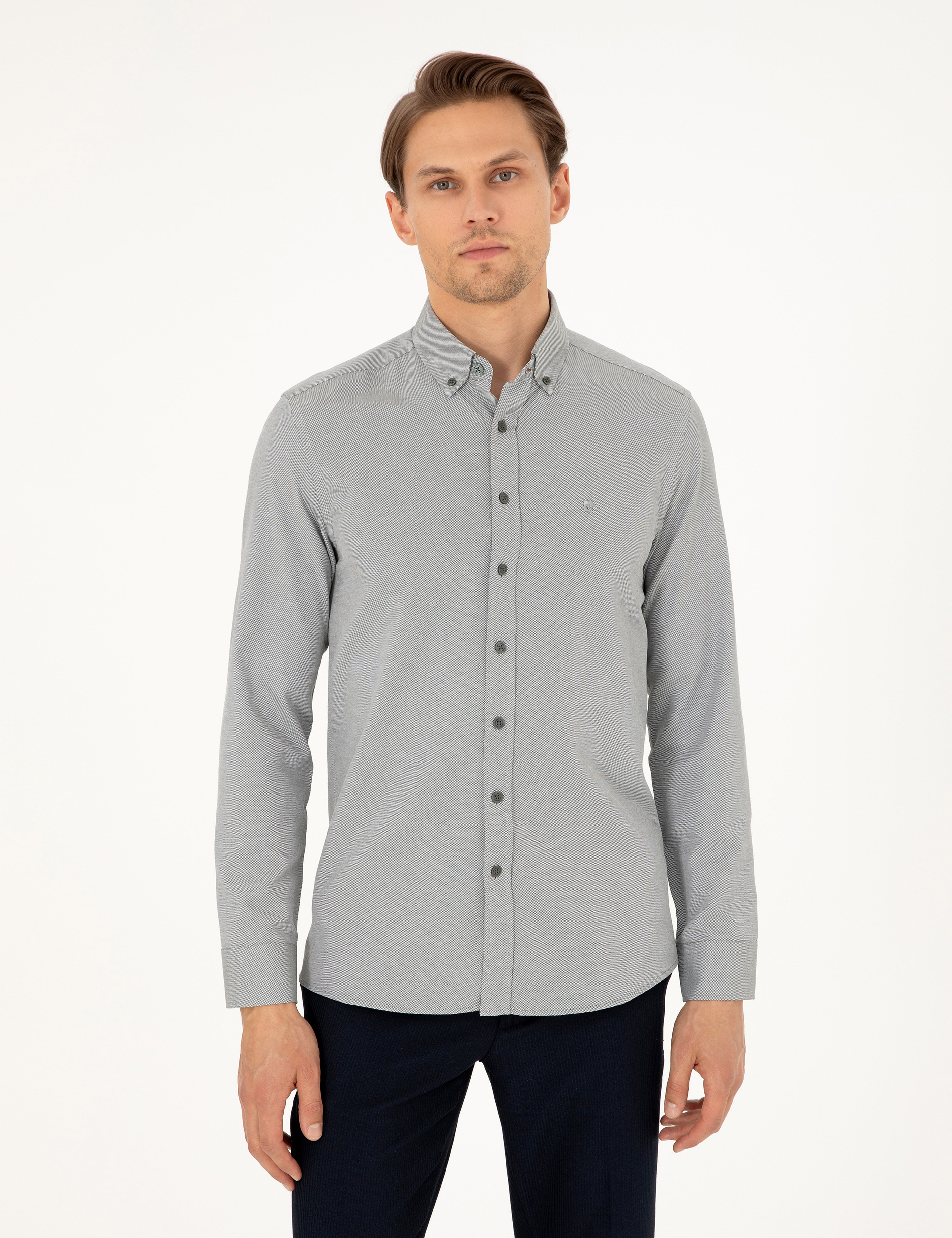 Haki Oxford Slim Fit Uzun Kollu Gömlek - Image 1
