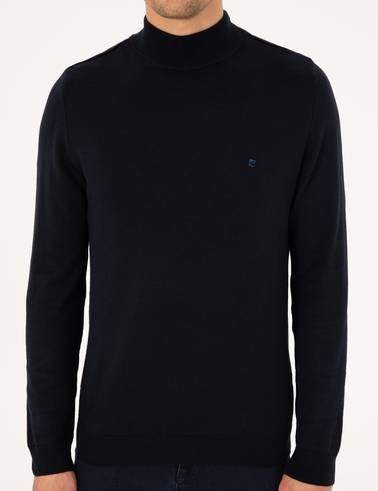Lacivert Slim Fit Yarım Balıkçı Yaka Basic Triko Kazak
