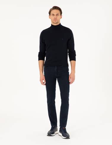 Lacivert Slim Fit Yarım Balıkçı Yaka Basic Triko Kazak