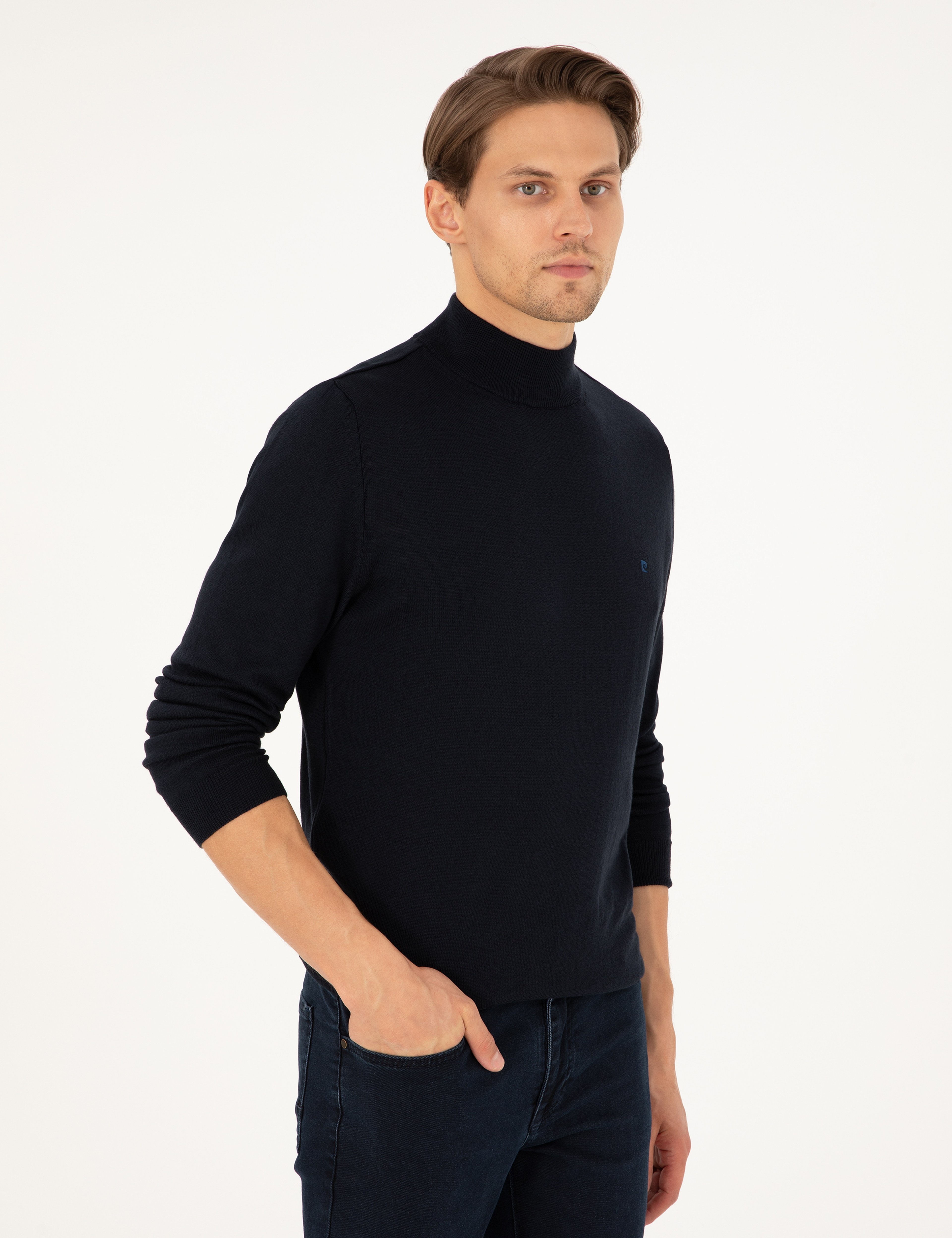 Lacivert Slim Fit Yarım Balıkçı Yaka Basic Triko Kazak - Image 3