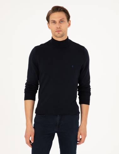 Lacivert Slim Fit Yarım Balıkçı Yaka Basic Triko Kazak