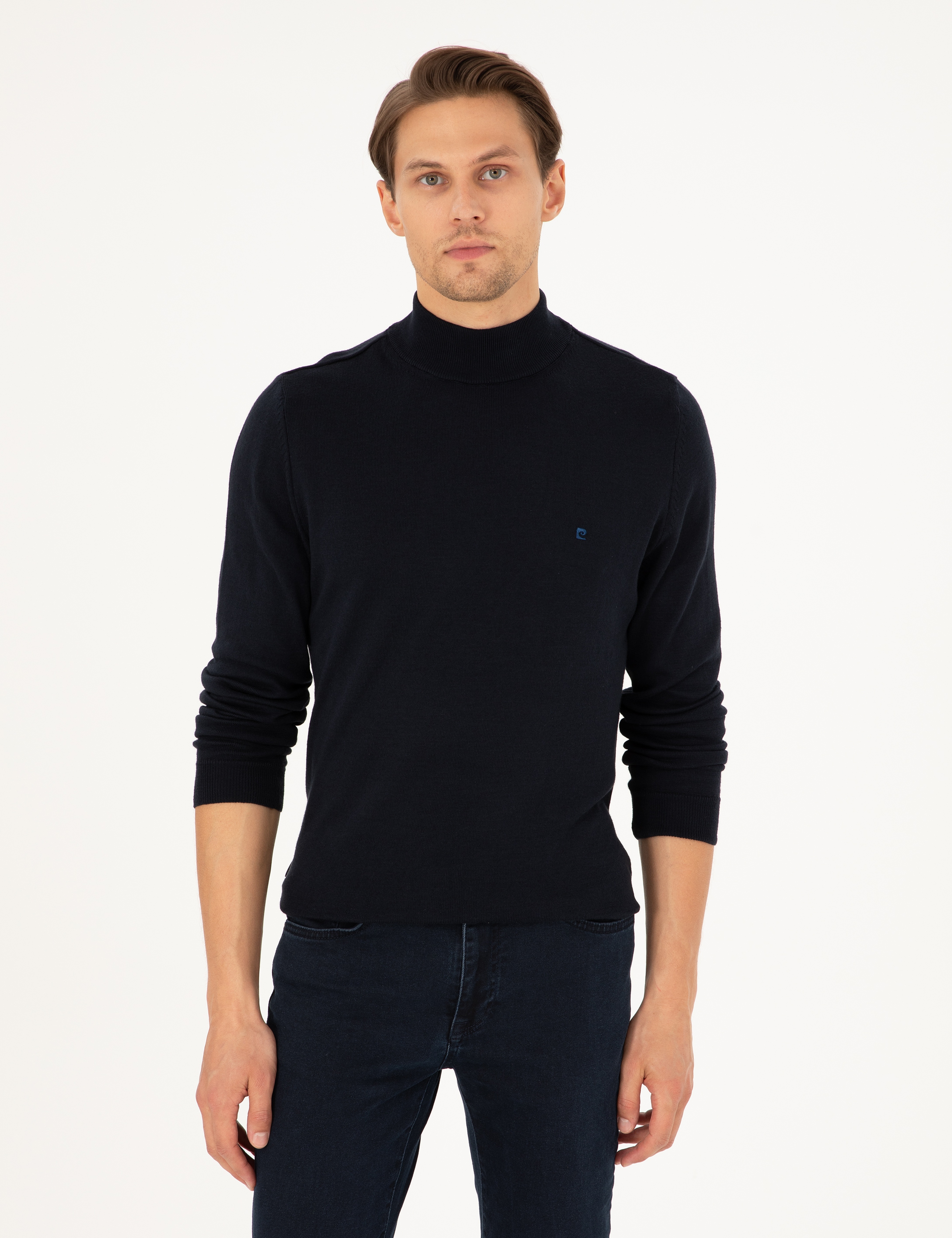 Lacivert Slim Fit Yarım Balıkçı Yaka Basic Triko Kazak - Image 1