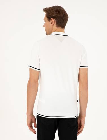 Ekru Slim Fit Fermuarlı Polo Yaka Yün Karışımlı Triko Tişört