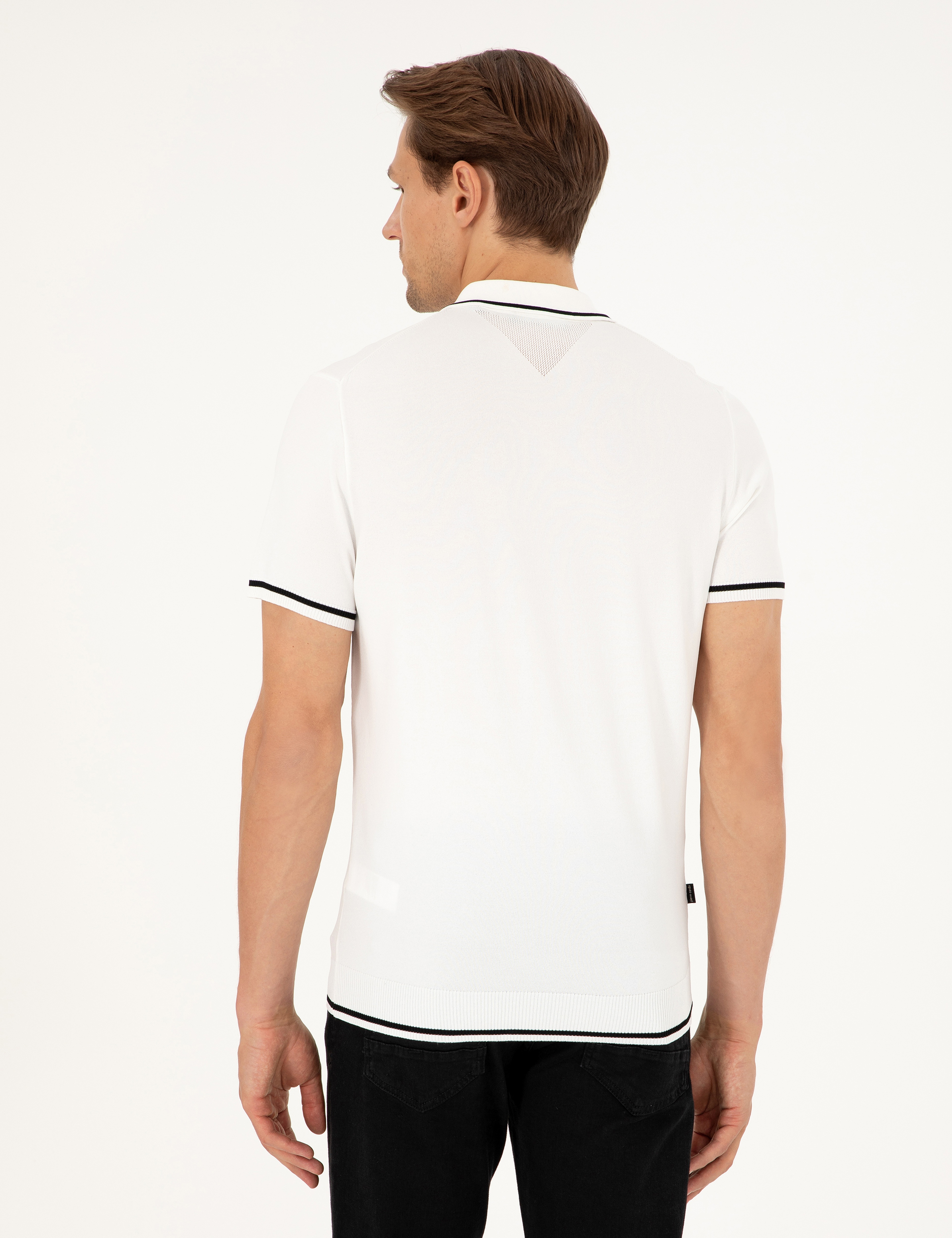 Ekru Slim Fit Fermuarlı Polo Yaka Yün Karışımlı Triko Tişört - Image 5