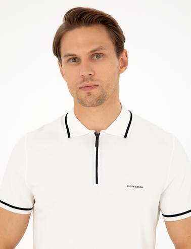 Ekru Slim Fit Fermuarlı Polo Yaka Yün Karışımlı Triko Tişört