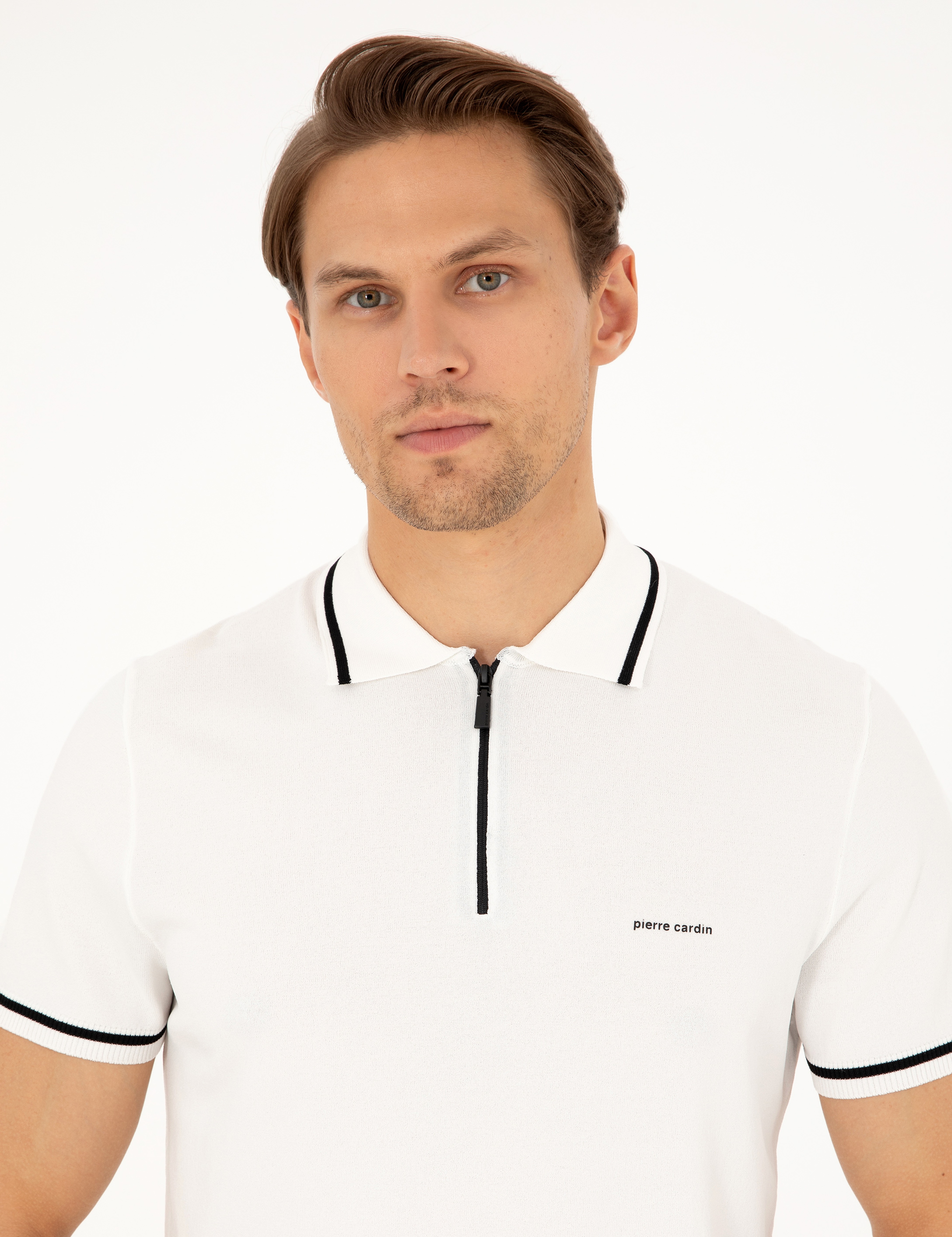 Ekru Slim Fit Fermuarlı Polo Yaka Yün Karışımlı Triko Tişört - Image 2