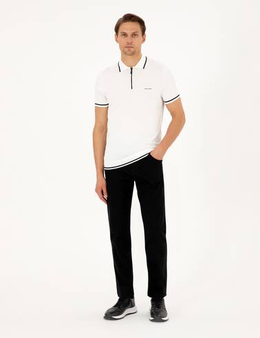 Ekru Slim Fit Fermuarlı Polo Yaka Yün Karışımlı Triko Tişört