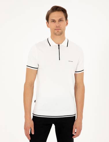 Ekru Slim Fit Fermuarlı Polo Yaka Yün Karışımlı Triko Tişört