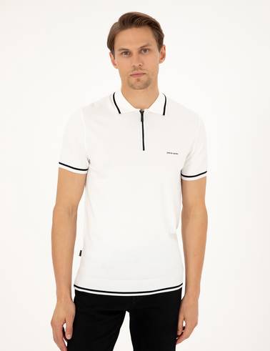 Ekru Slim Fit Fermuarlı Polo Yaka Yün Karışımlı Triko Tişört
