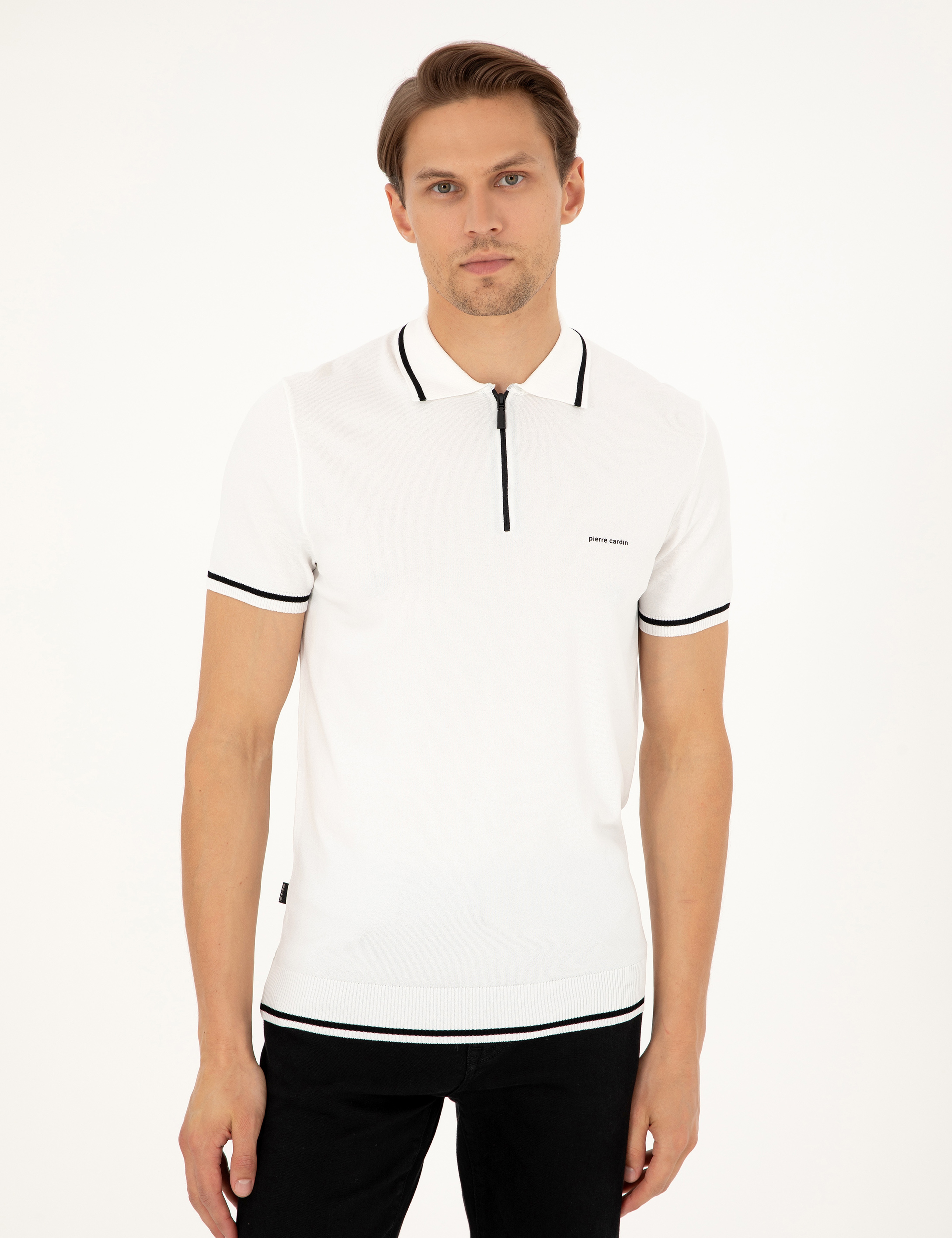 Ekru Slim Fit Fermuarlı Polo Yaka Yün Karışımlı Triko Tişört