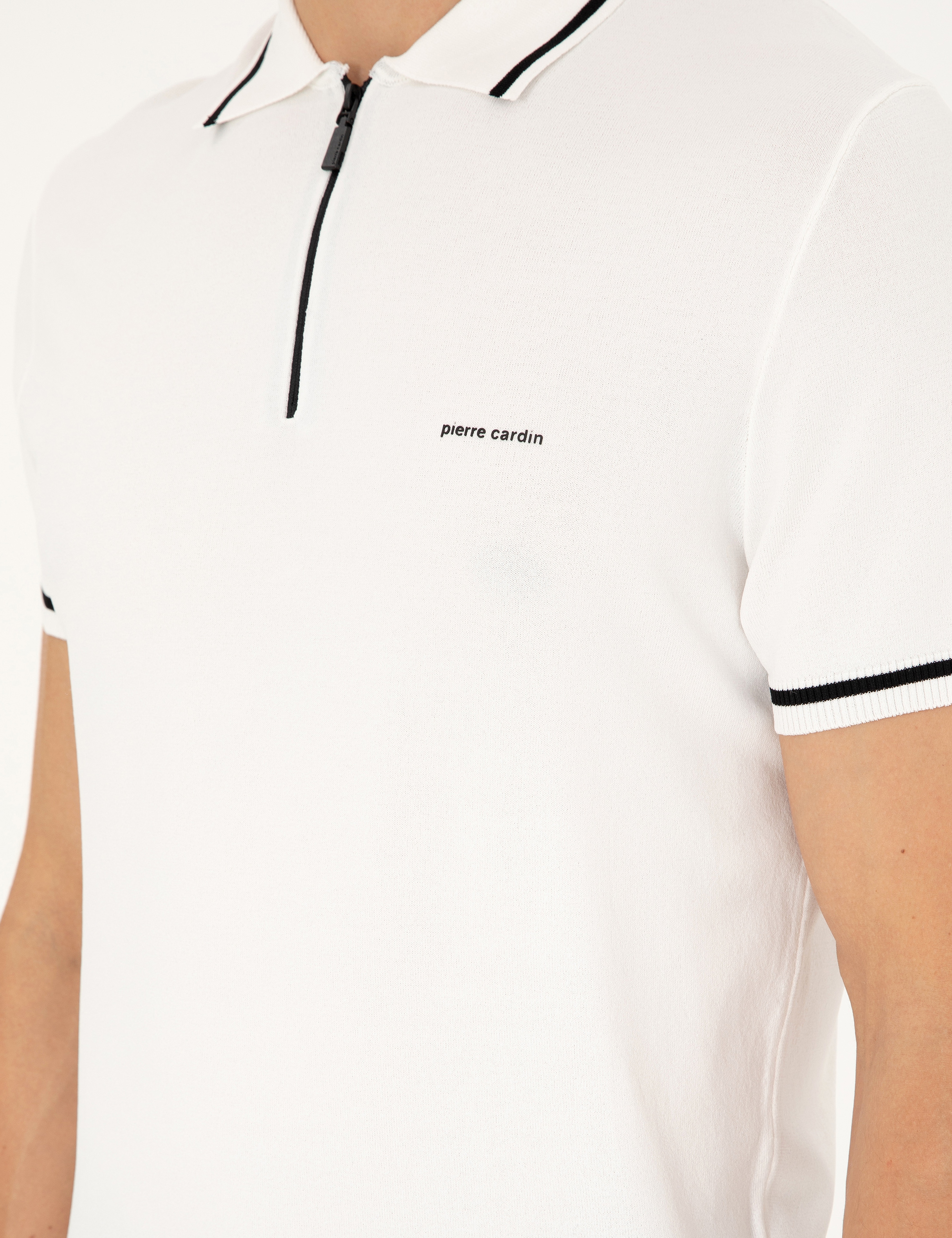Ekru Slim Fit Fermuarlı Polo Yaka Yün Karışımlı Triko Tişört