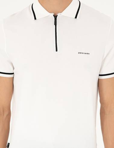 Ekru Slim Fit Fermuarlı Polo Yaka Yün Karışımlı Triko Tişört