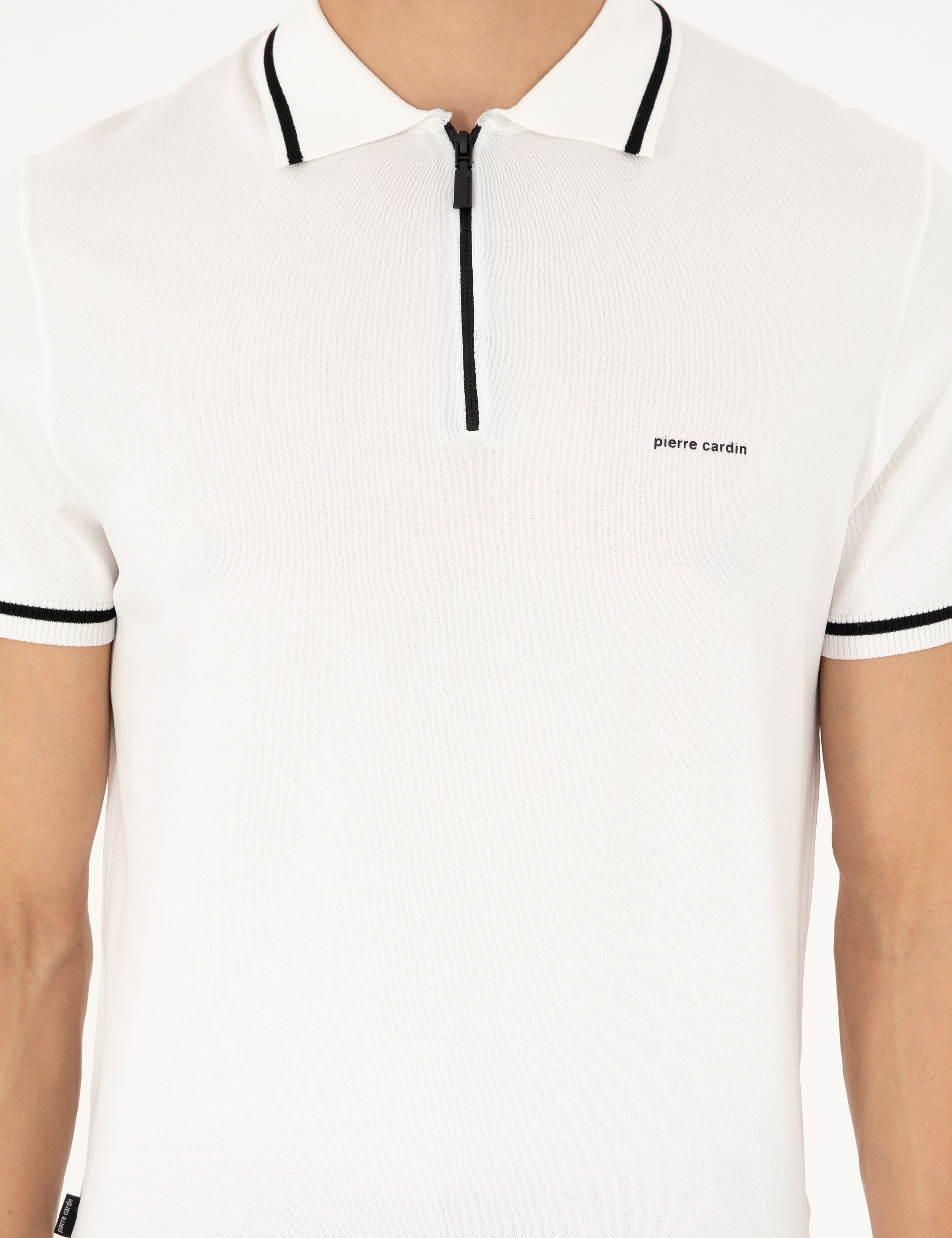 Ekru Slim Fit Fermuarlı Polo Yaka Yün Karışımlı Triko Tişört - Image 6