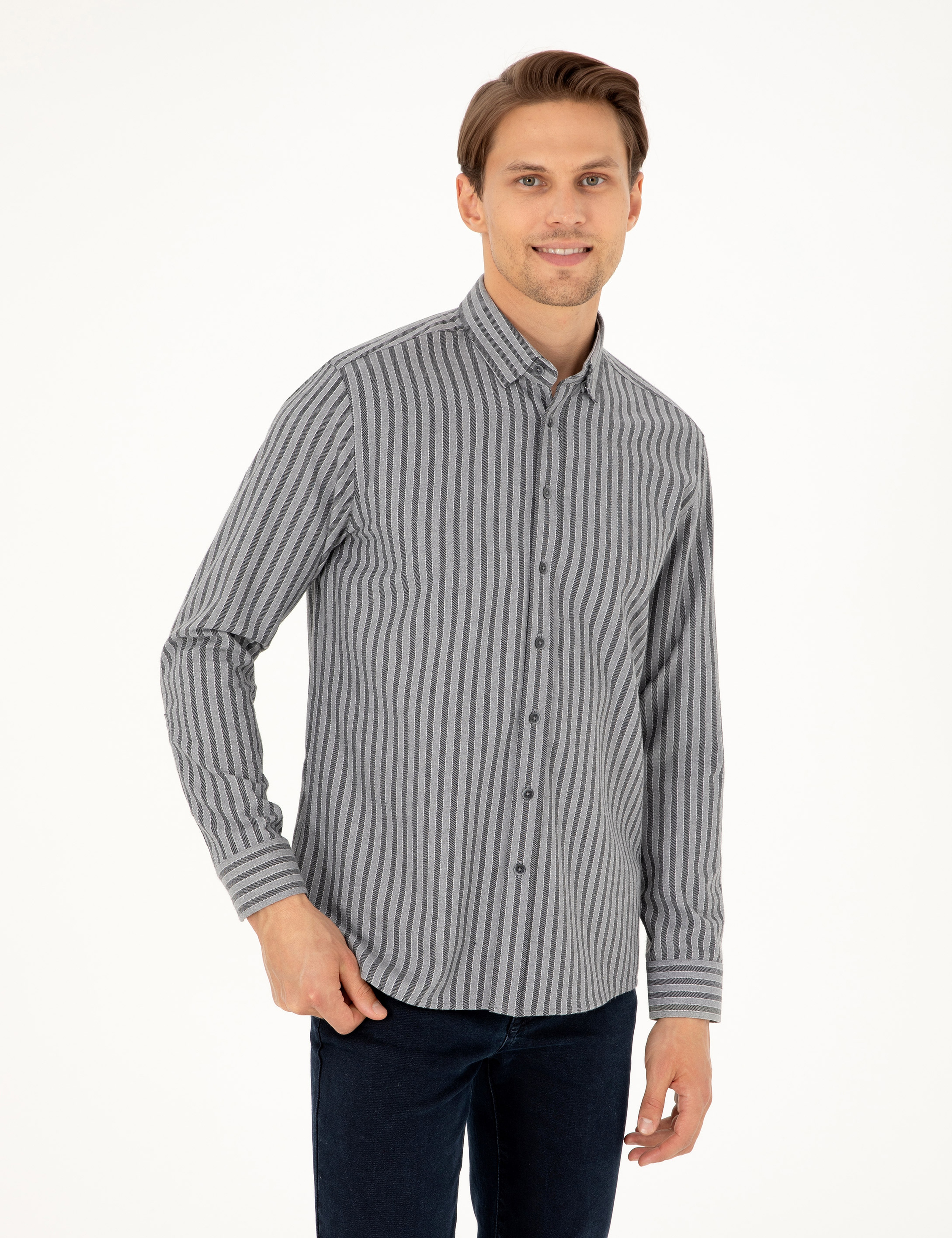 Gri Regular Fit Çizgili Uzun Kollu Gömlek - Image 1