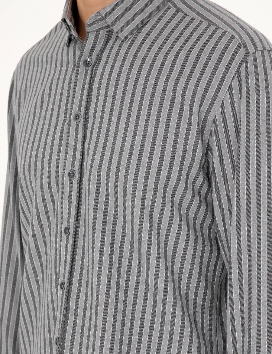 Gri Regular Fit Çizgili Uzun Kollu Gömlek