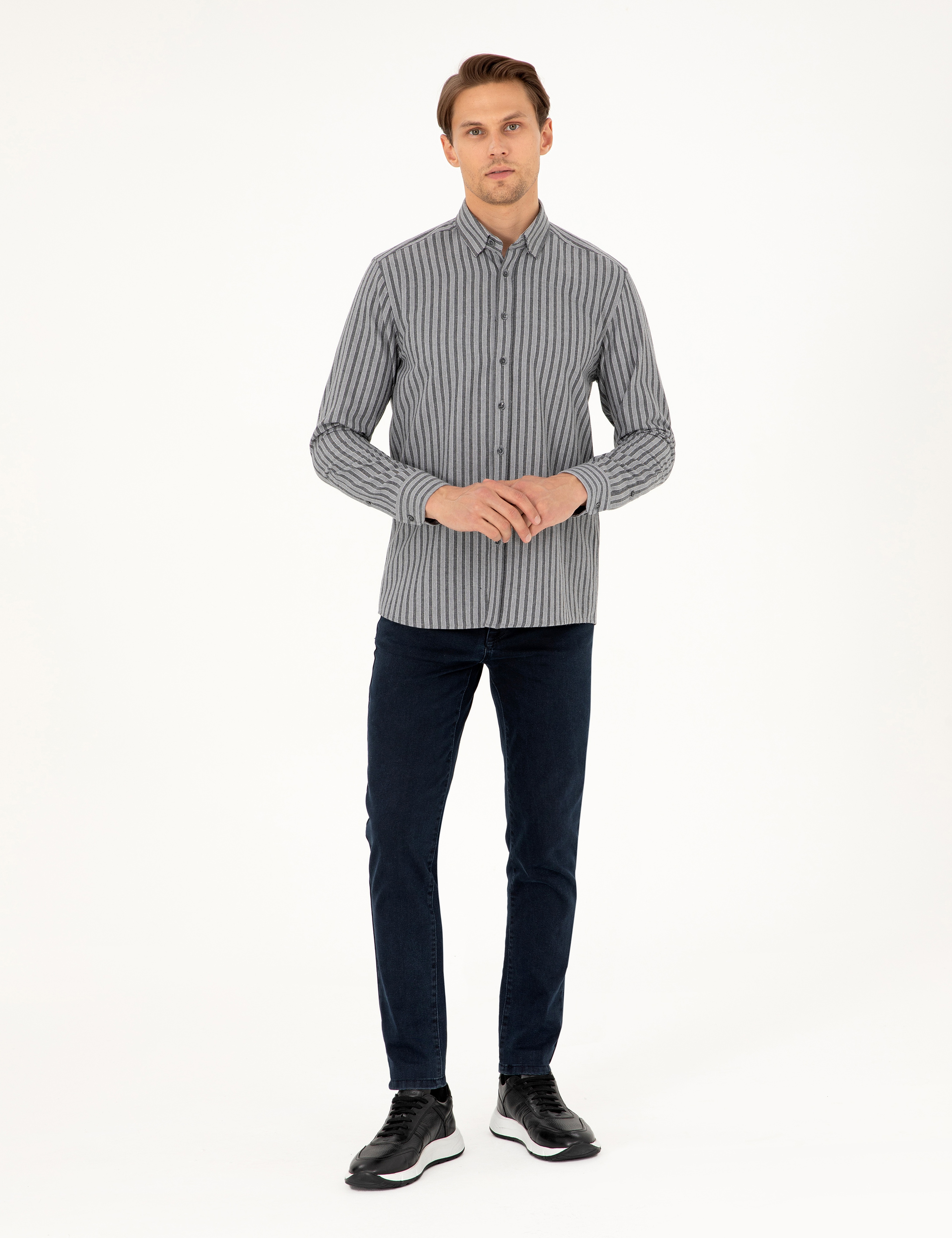 Gri Regular Fit Çizgili Uzun Kollu Gömlek - Image 4