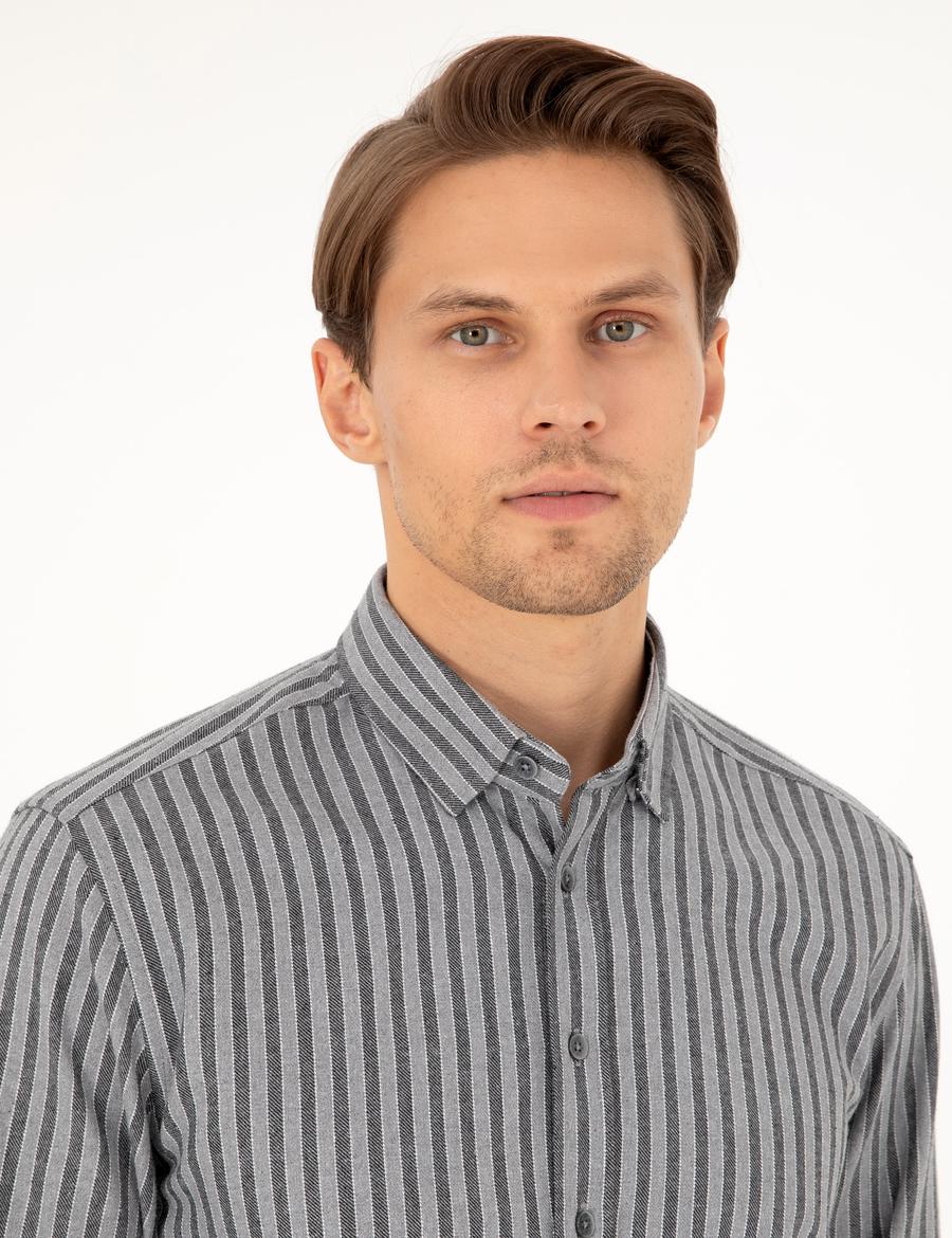 Gri Regular Fit Çizgili Uzun Kollu Gömlek