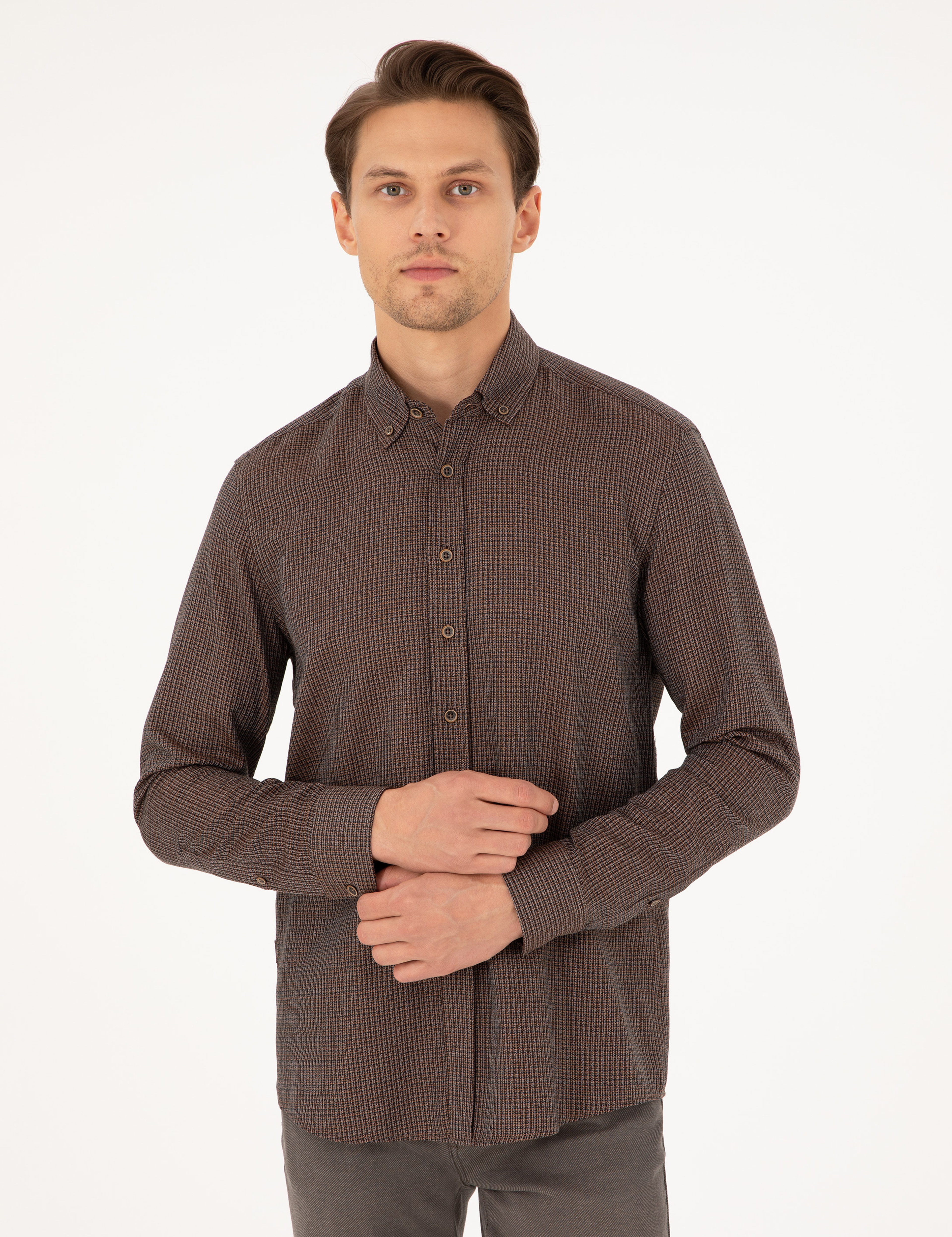 Kahverengi Slim Fit Uzun Kollu Gömlek - Image 3