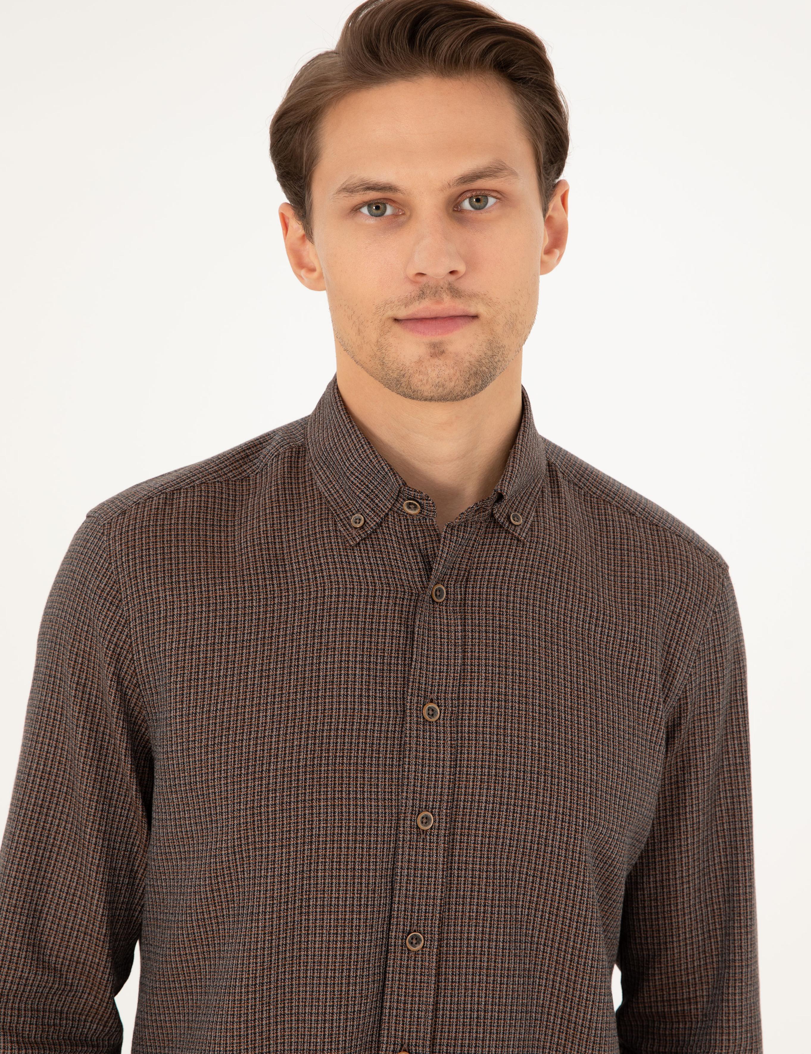 Kahverengi Slim Fit Uzun Kollu Gömlek