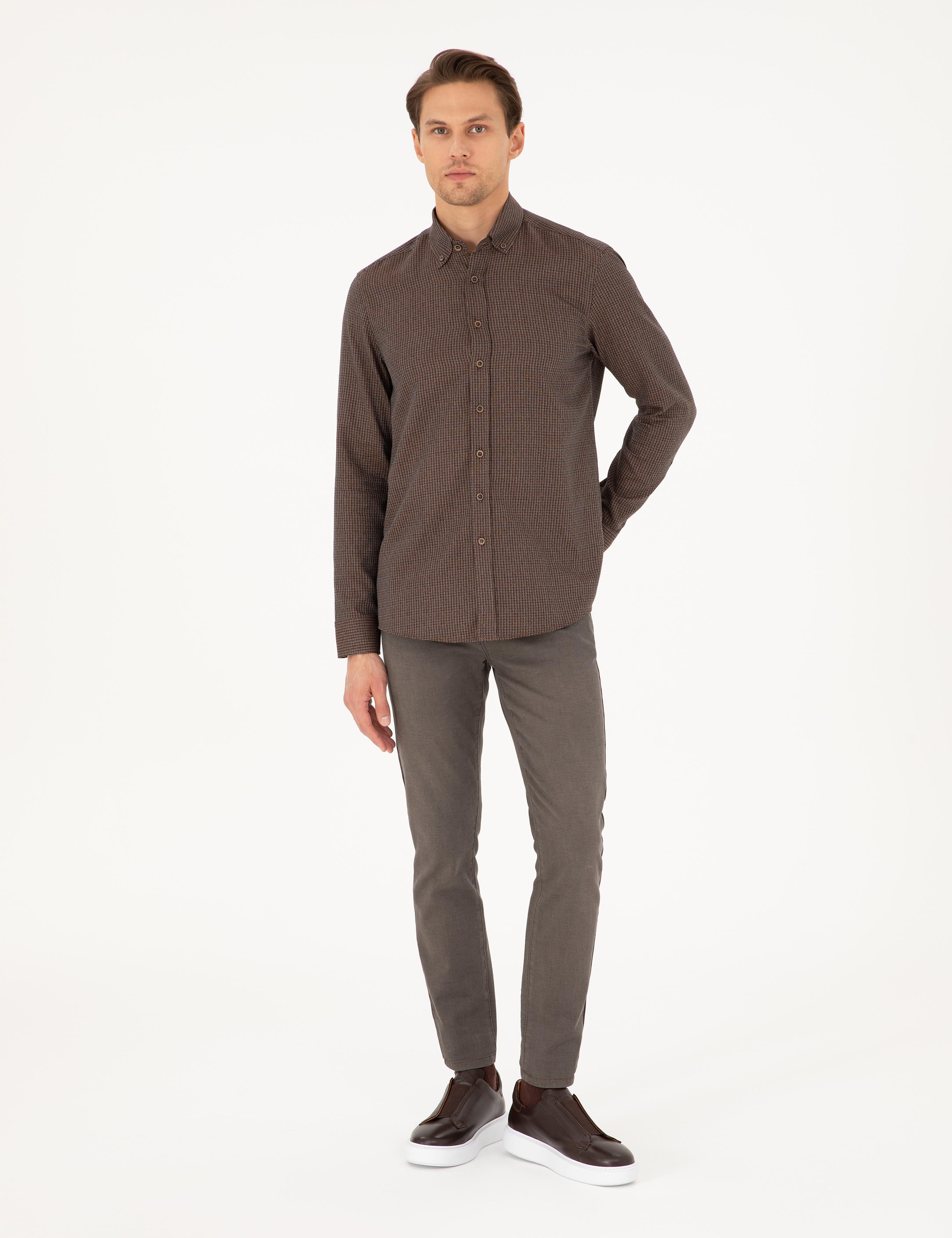 Kahverengi Slim Fit Uzun Kollu Gömlek