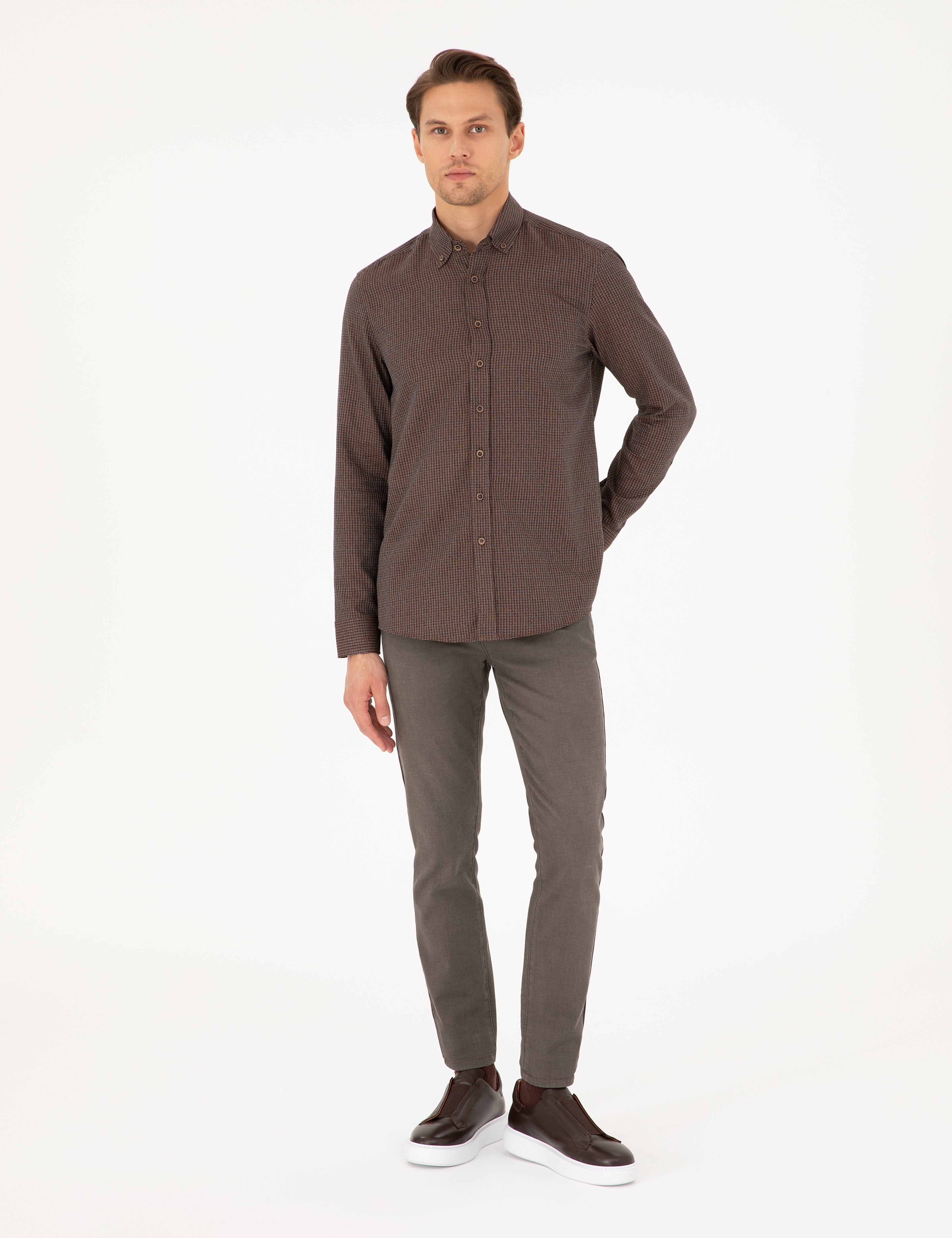 Kahverengi Slim Fit Uzun Kollu Gömlek - Image 4