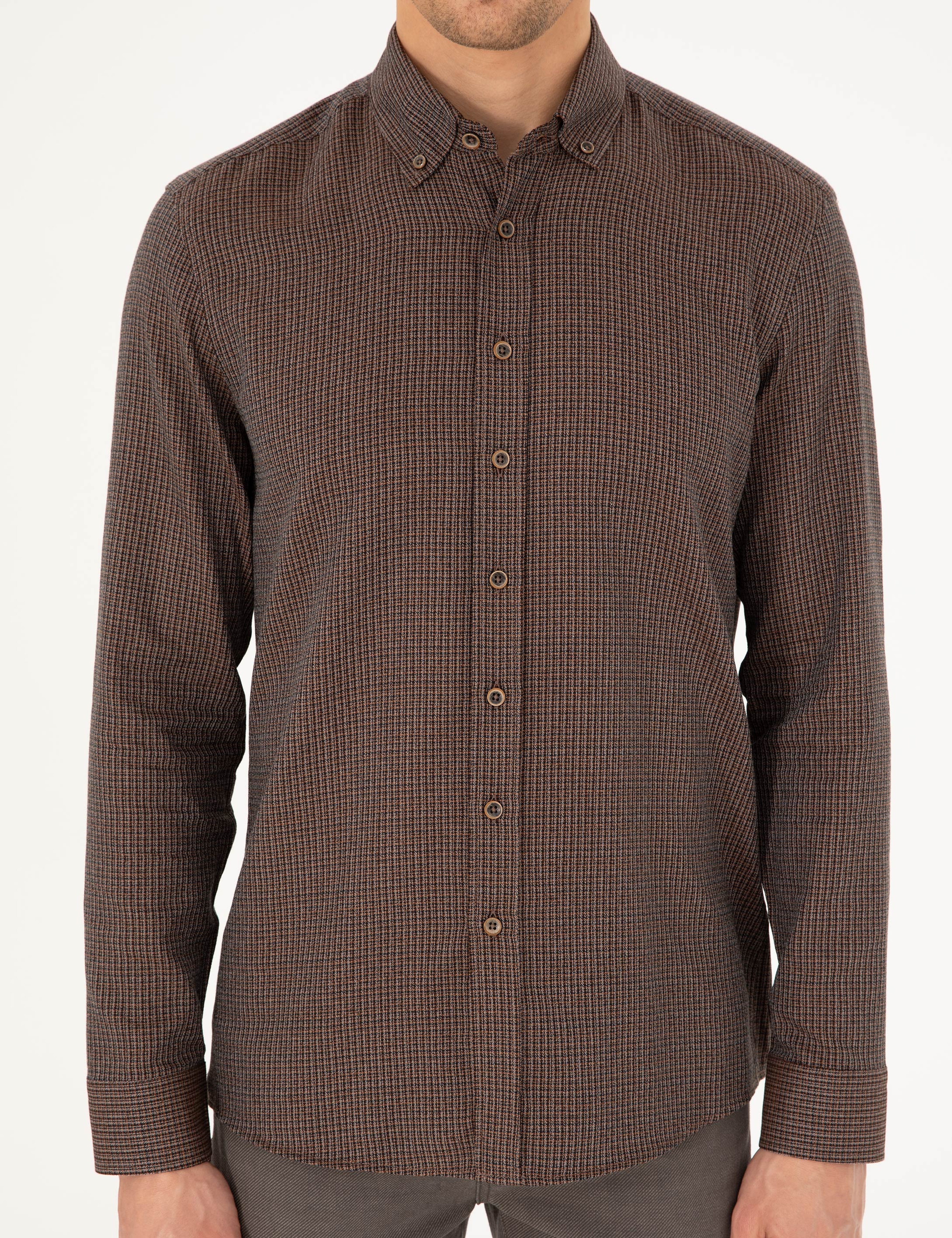 Kahverengi Slim Fit Uzun Kollu Gömlek - Image 6
