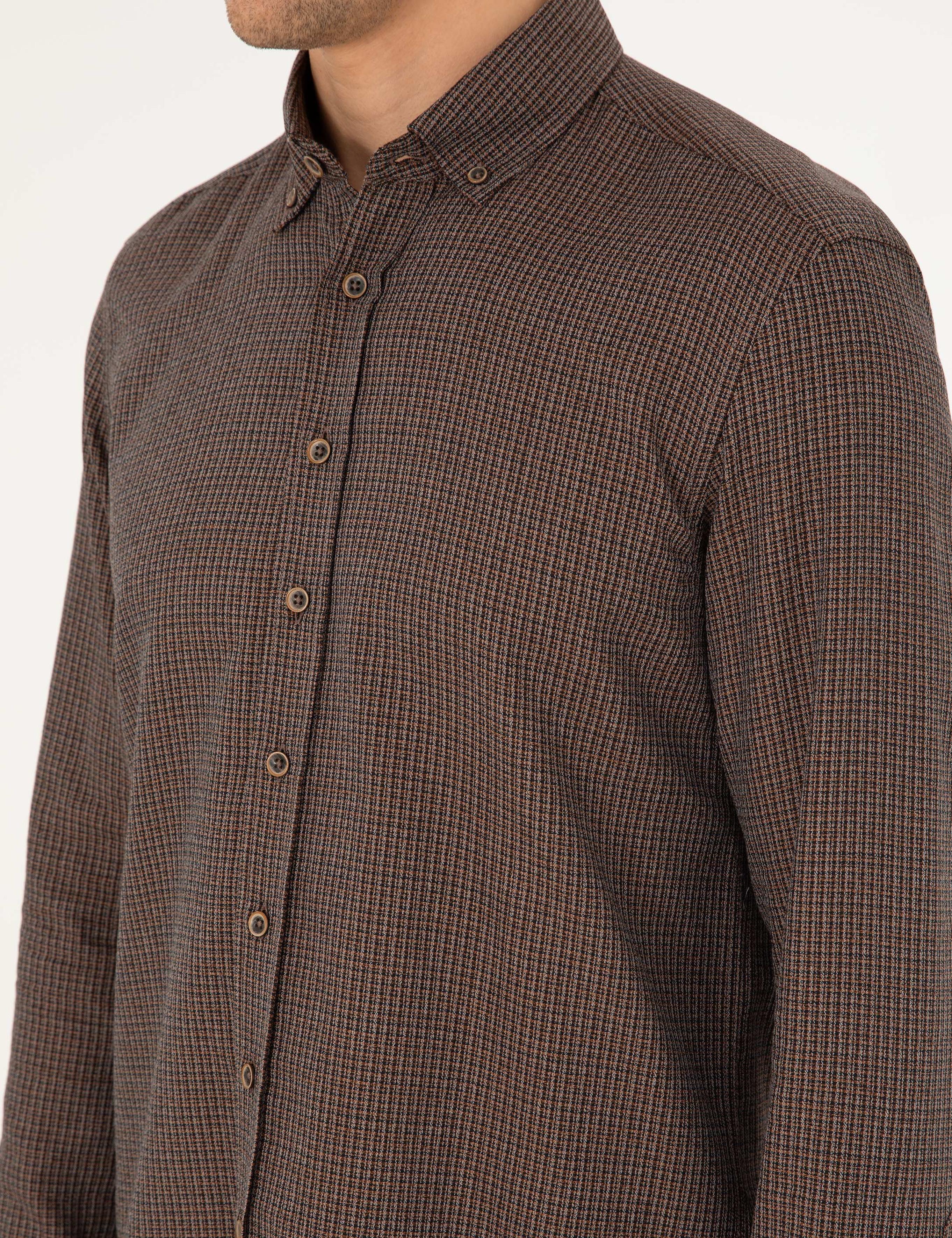 Kahverengi Slim Fit Uzun Kollu Gömlek