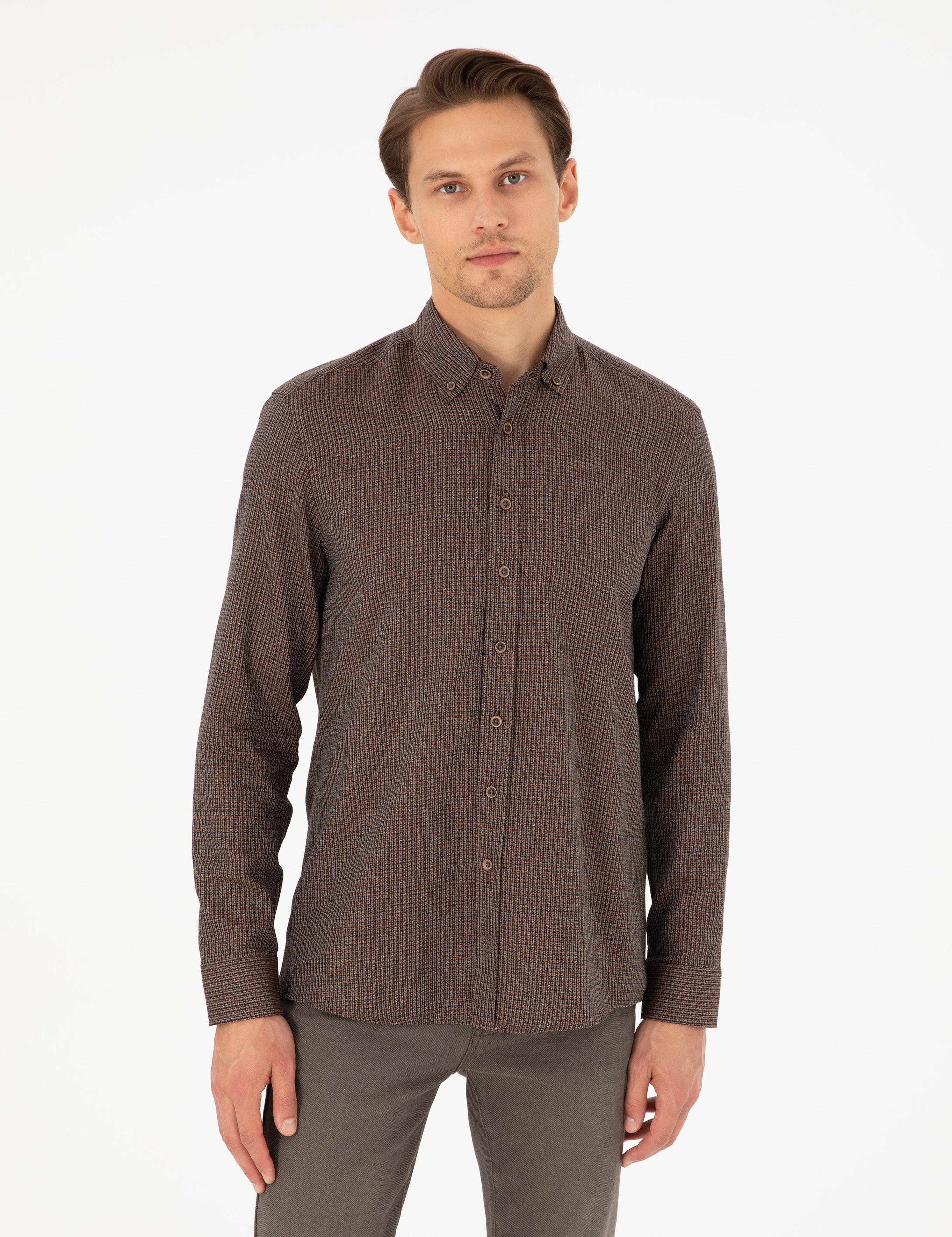 Kahverengi Slim Fit Uzun Kollu Gömlek