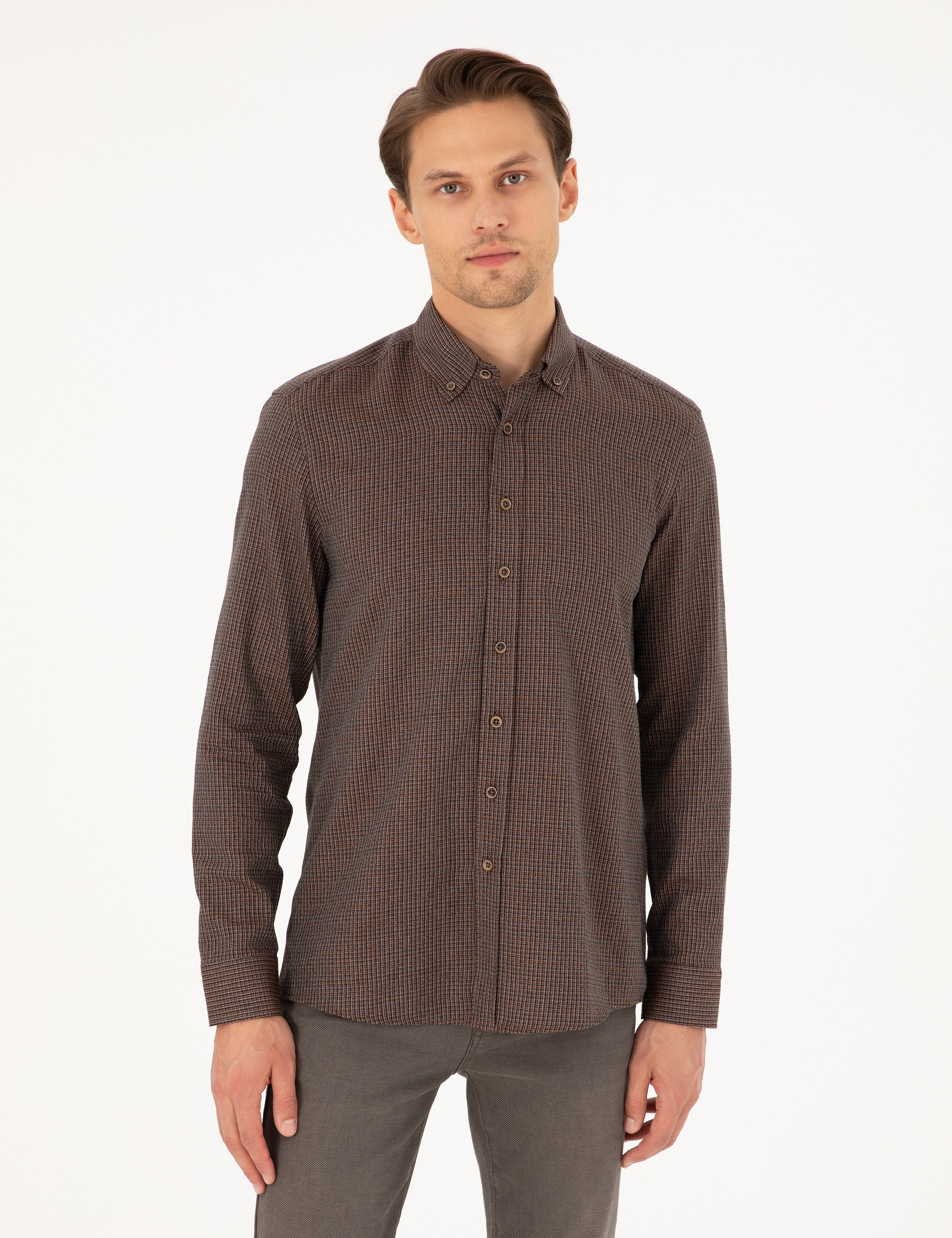 Kahverengi Slim Fit Uzun Kollu Gömlek
