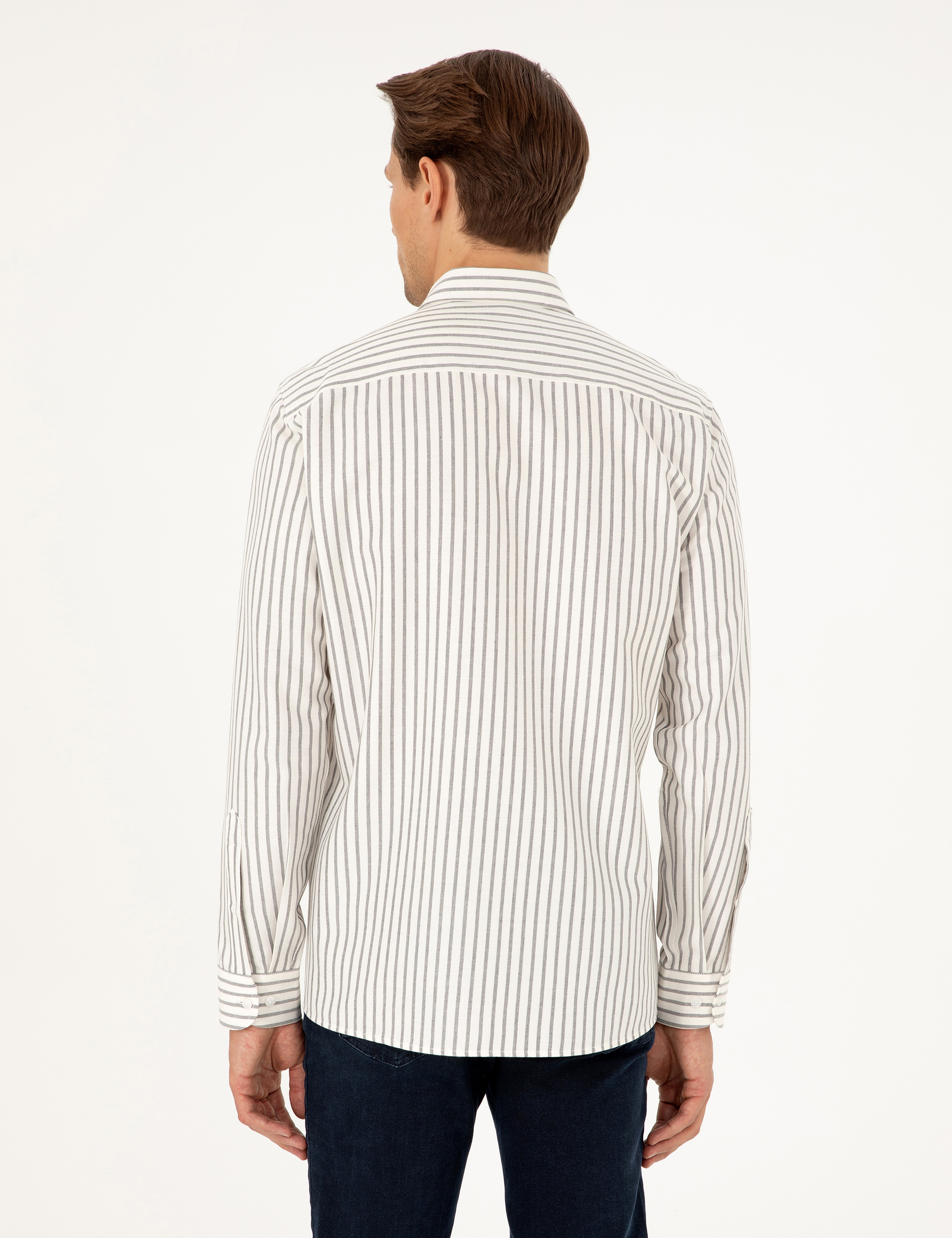 Lacivert Slim Fit Çizgili Uzun Kollu Gömlek - Image 5