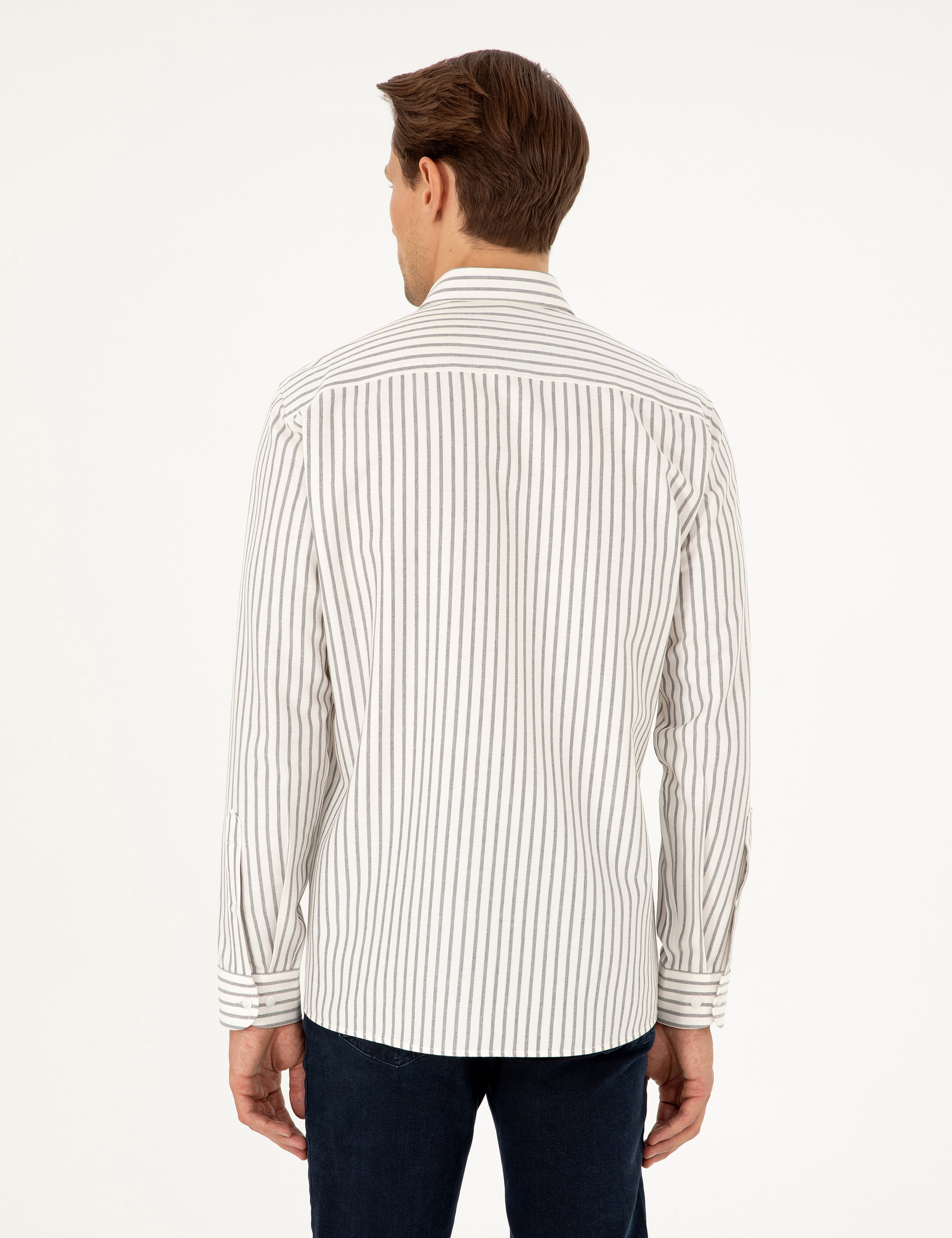 Lacivert Slim Fit Çizgili Uzun Kollu Gömlek