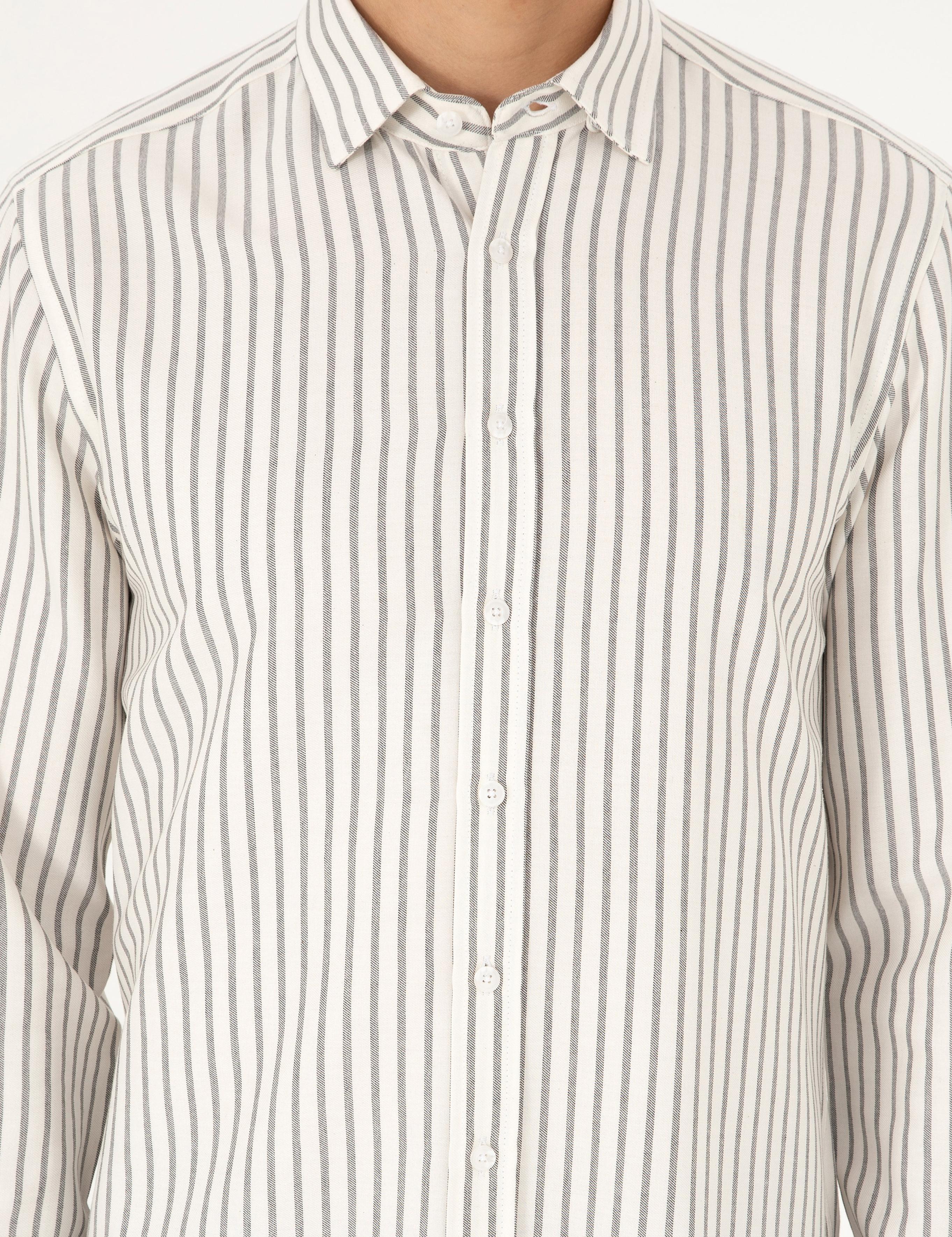 Lacivert Slim Fit Çizgili Uzun Kollu Gömlek