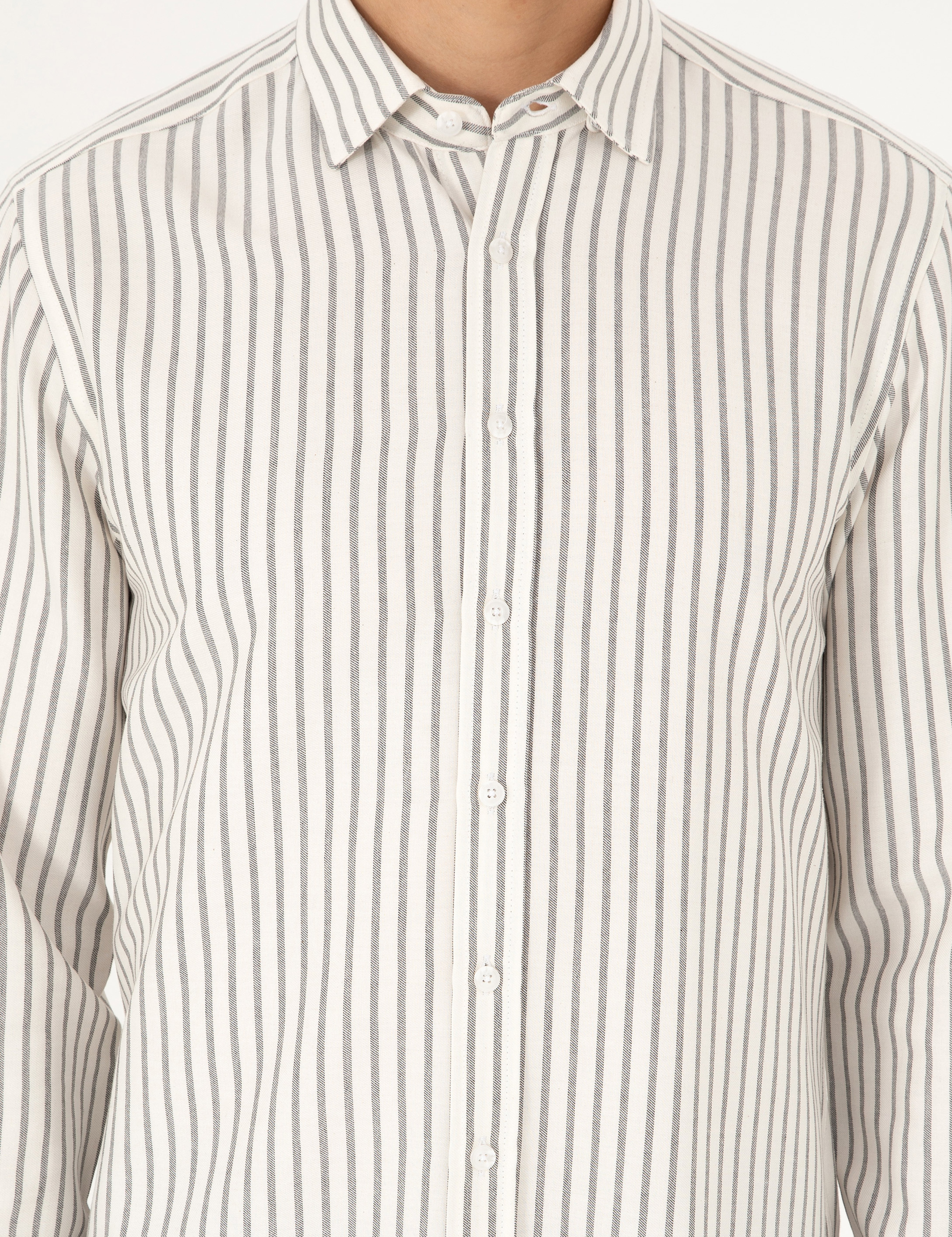 Lacivert Slim Fit Çizgili Uzun Kollu Gömlek - Image 6