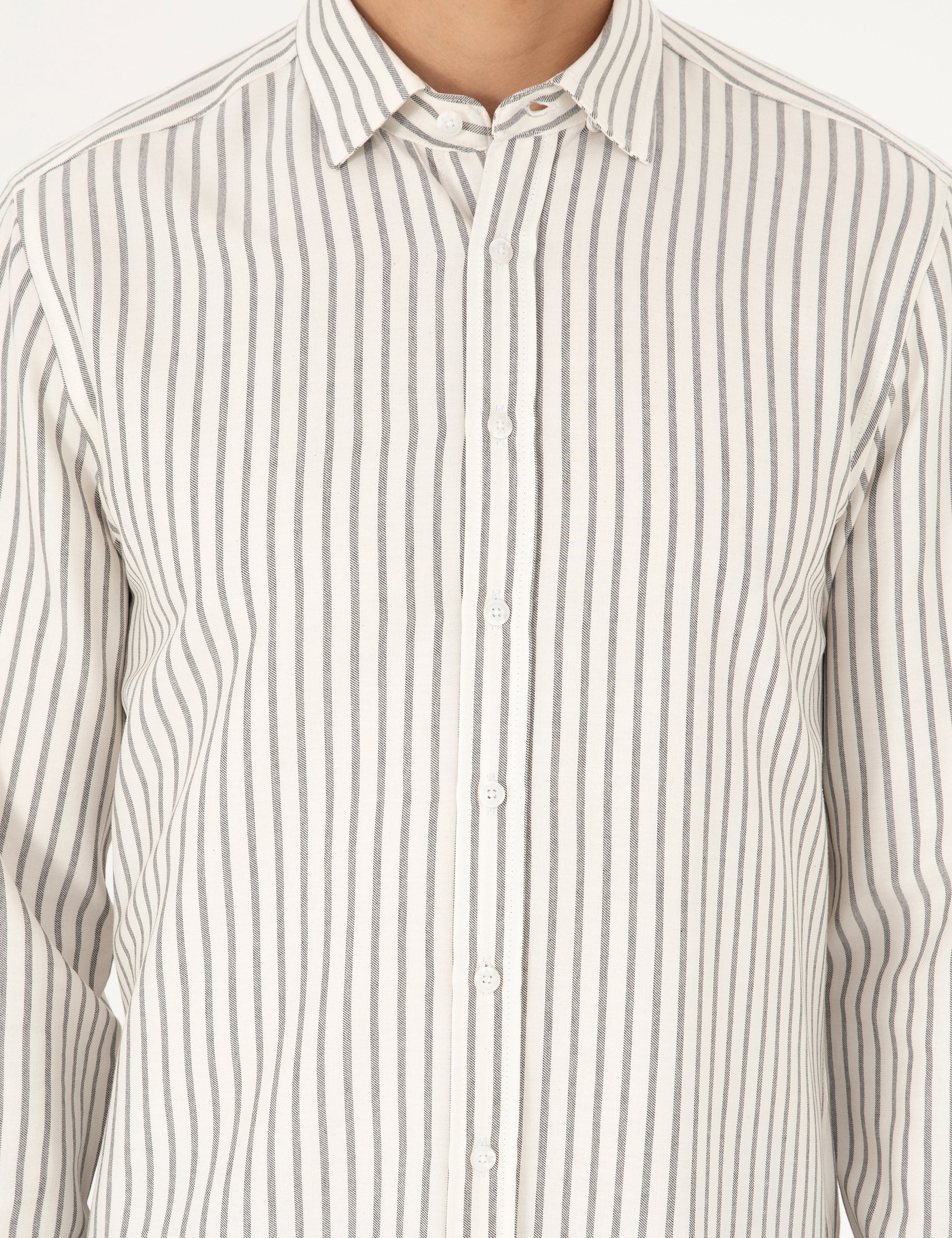 Lacivert Slim Fit Çizgili Uzun Kollu Gömlek