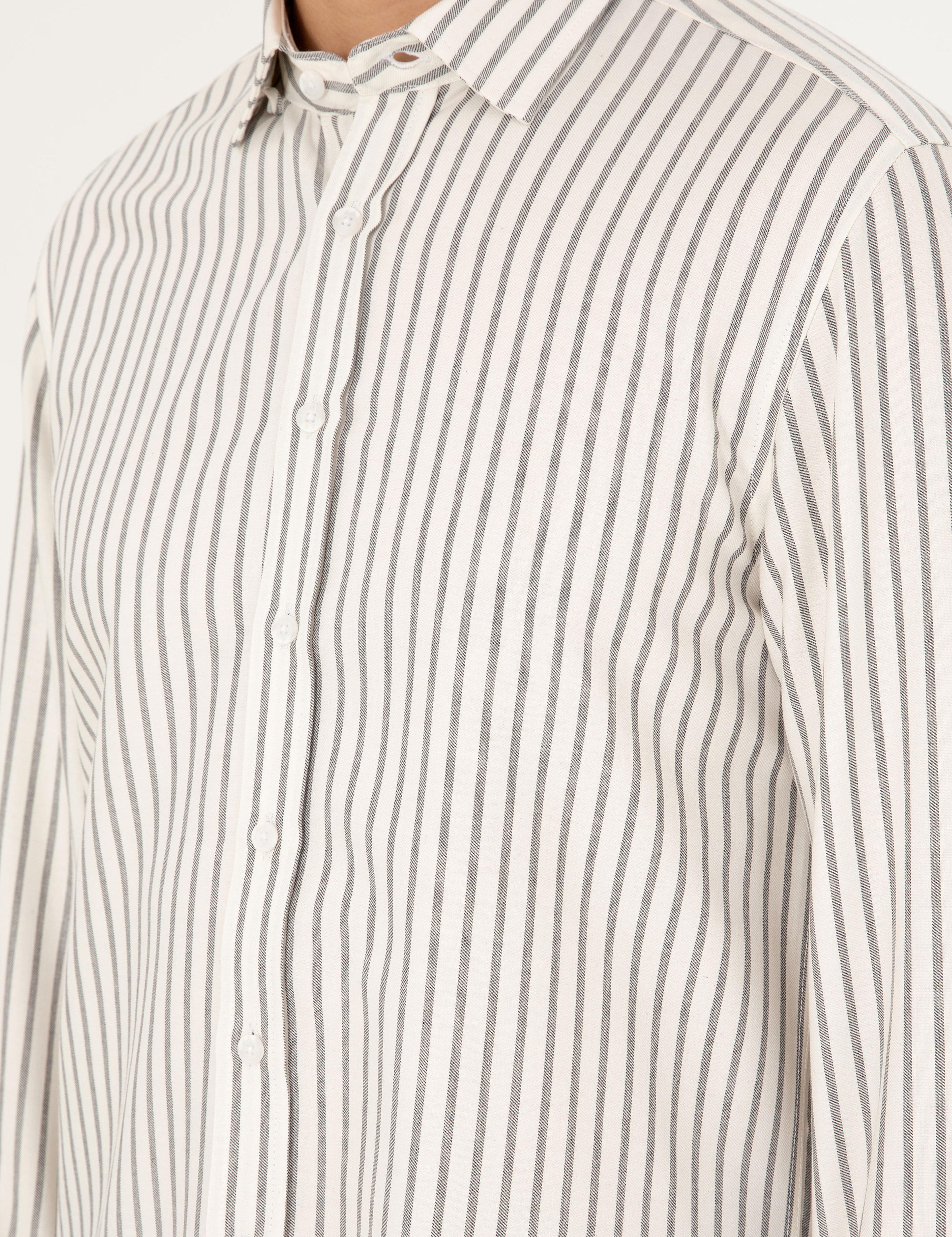 Lacivert Slim Fit Çizgili Uzun Kollu Gömlek - Image 7