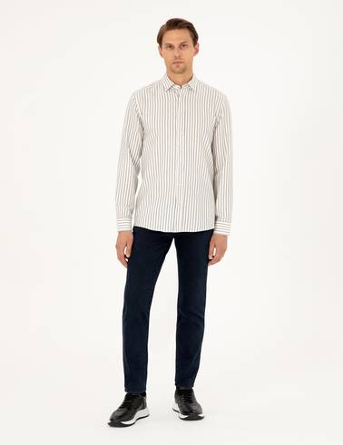 Lacivert Slim Fit Çizgili Uzun Kollu Gömlek
