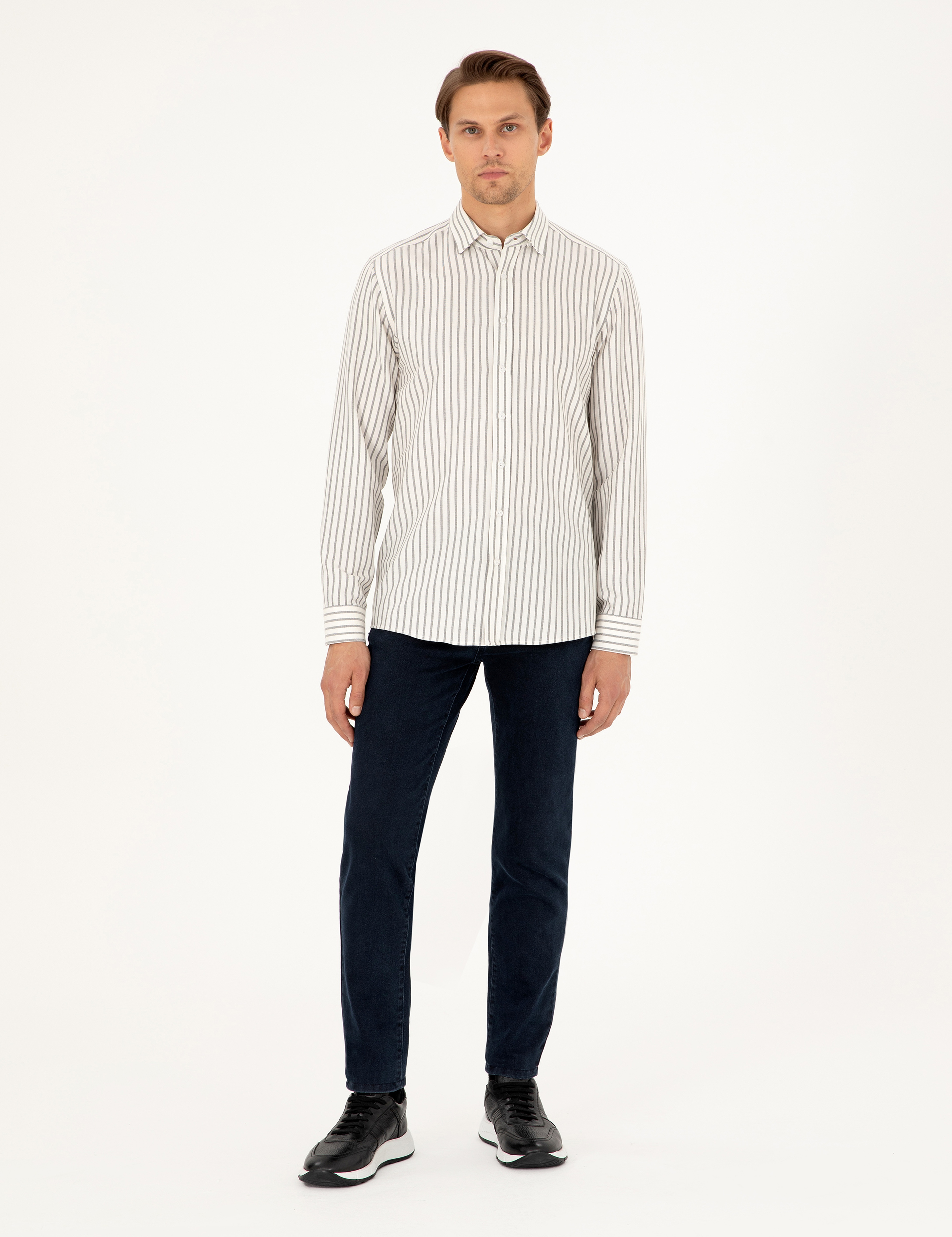 Lacivert Slim Fit Çizgili Uzun Kollu Gömlek - Image 4
