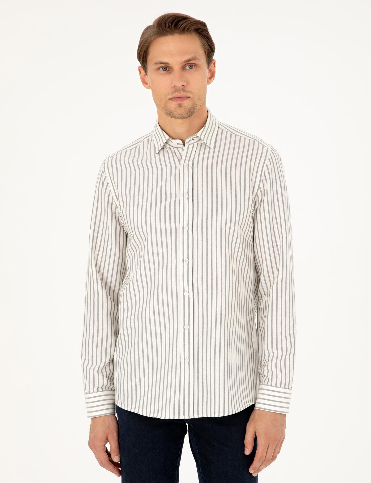 Lacivert Slim Fit Çizgili Uzun Kollu Gömlek