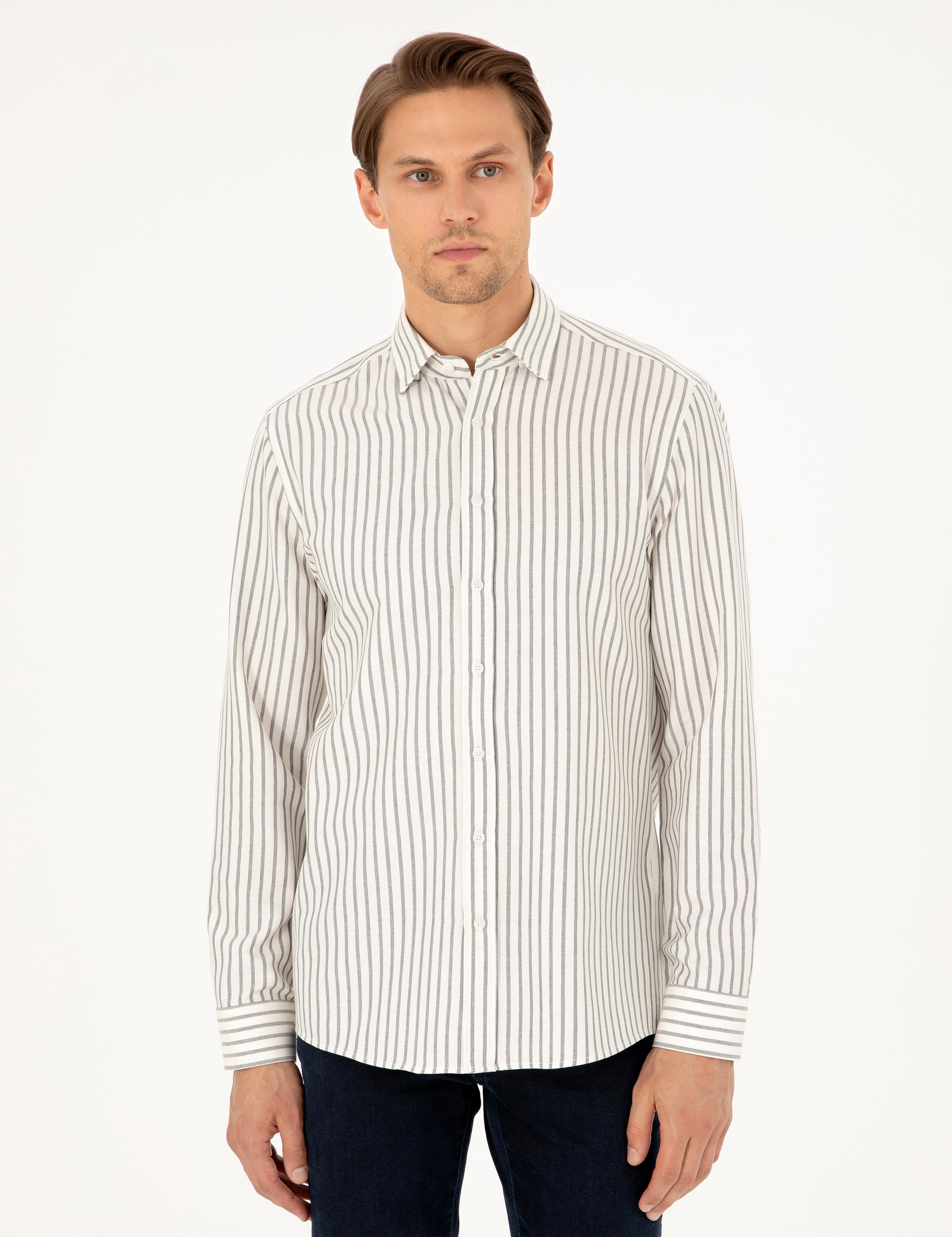 Lacivert Slim Fit Çizgili Uzun Kollu Gömlek