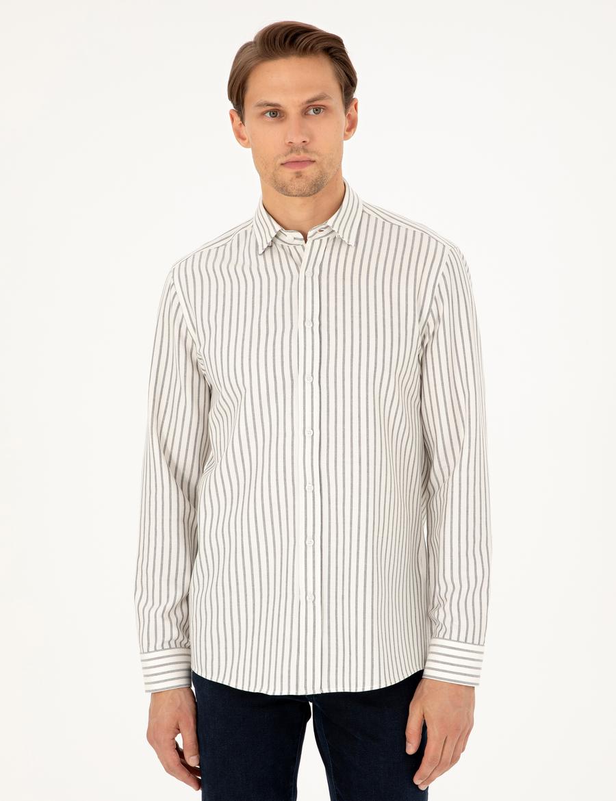 Lacivert Slim Fit Çizgili Uzun Kollu Gömlek