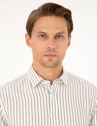 Lacivert Slim Fit Çizgili Uzun Kollu Gömlek