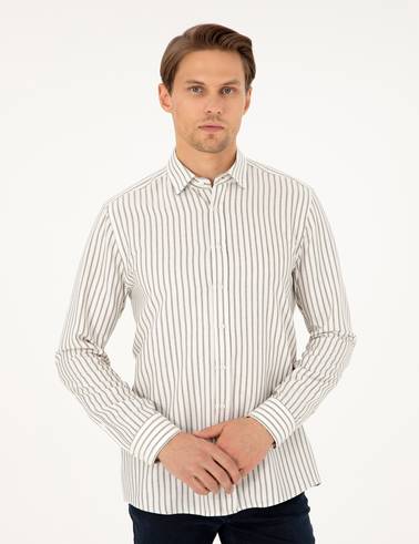 Lacivert Slim Fit Çizgili Uzun Kollu Gömlek