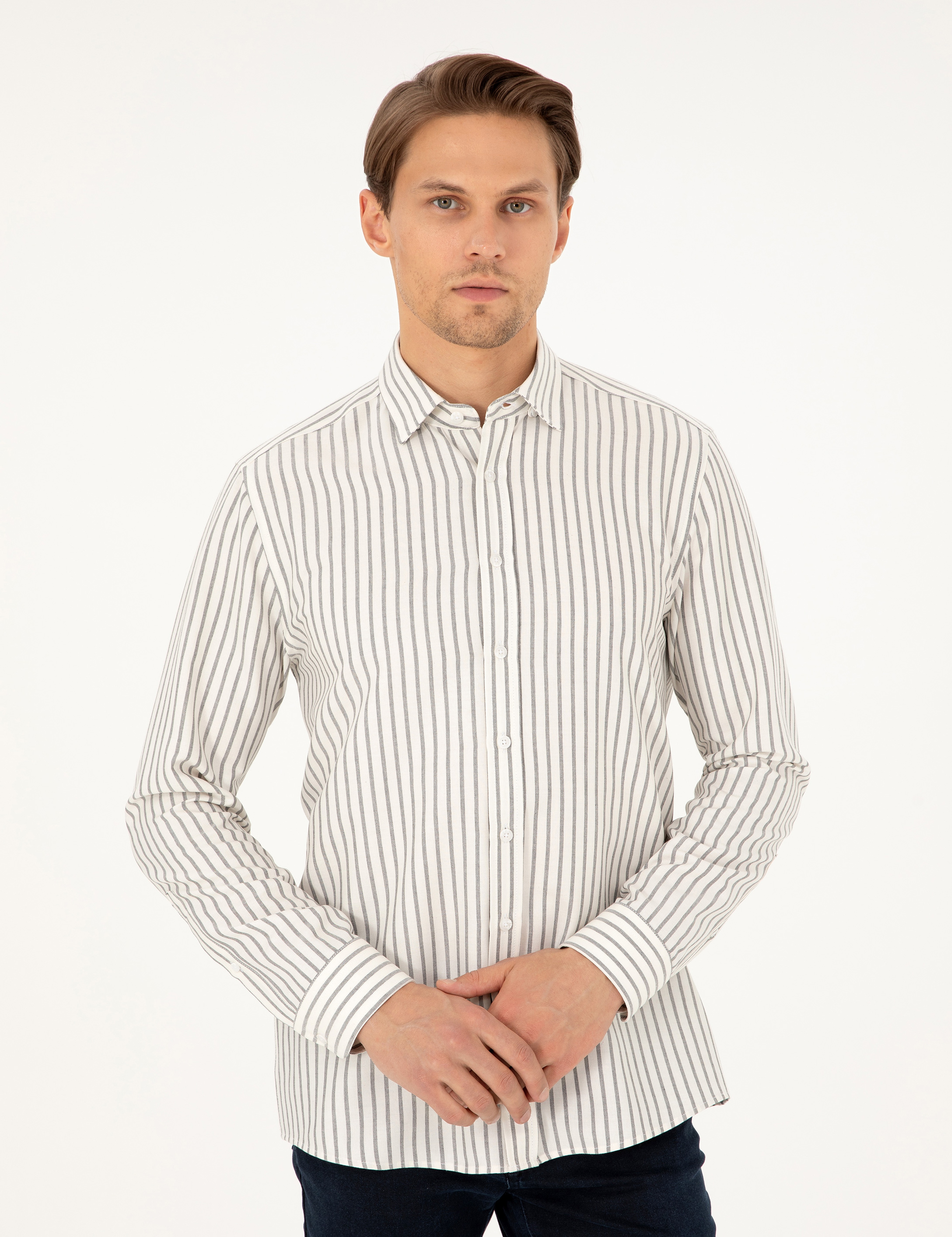Lacivert Slim Fit Çizgili Uzun Kollu Gömlek - Image 3