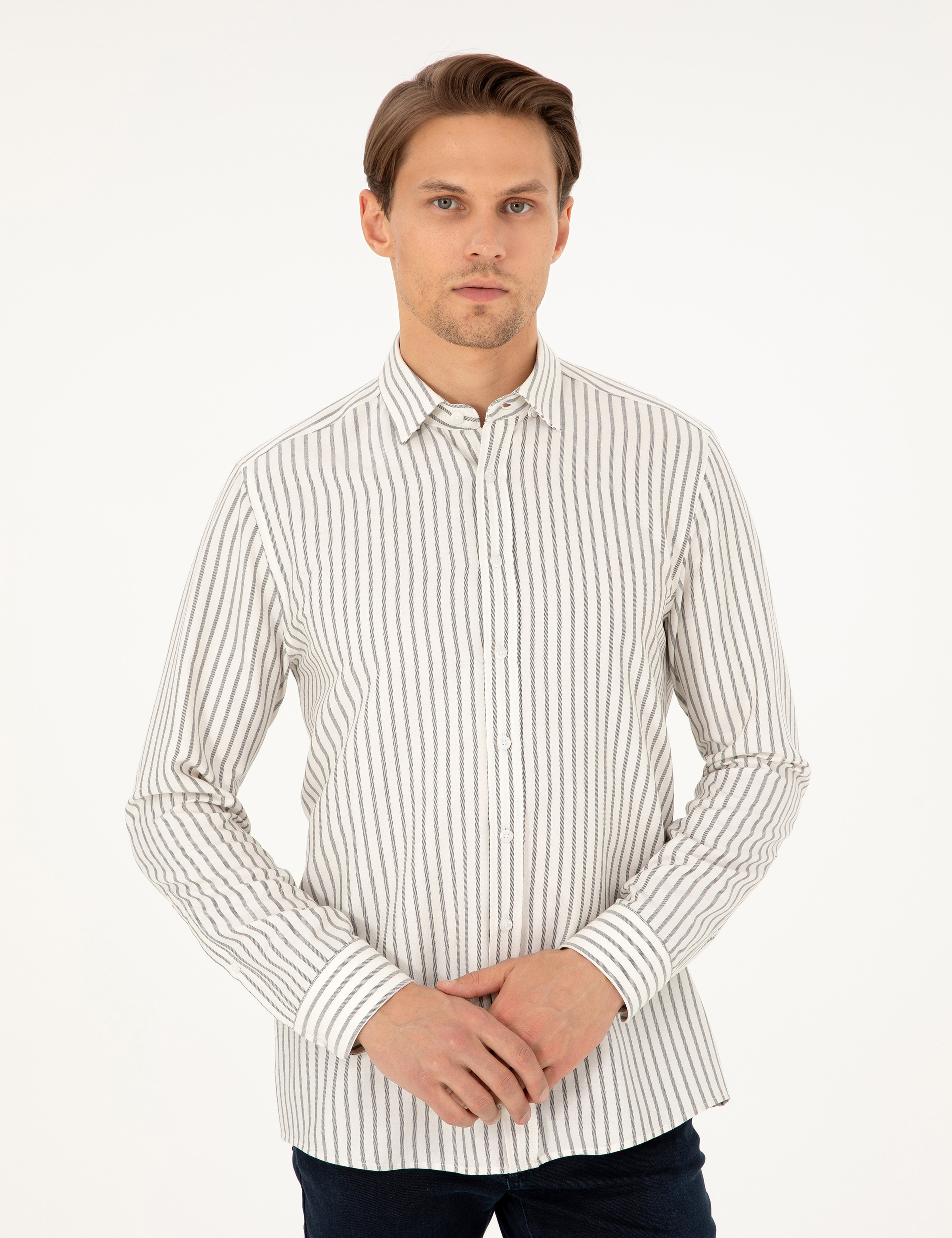 Lacivert Slim Fit Çizgili Uzun Kollu Gömlek