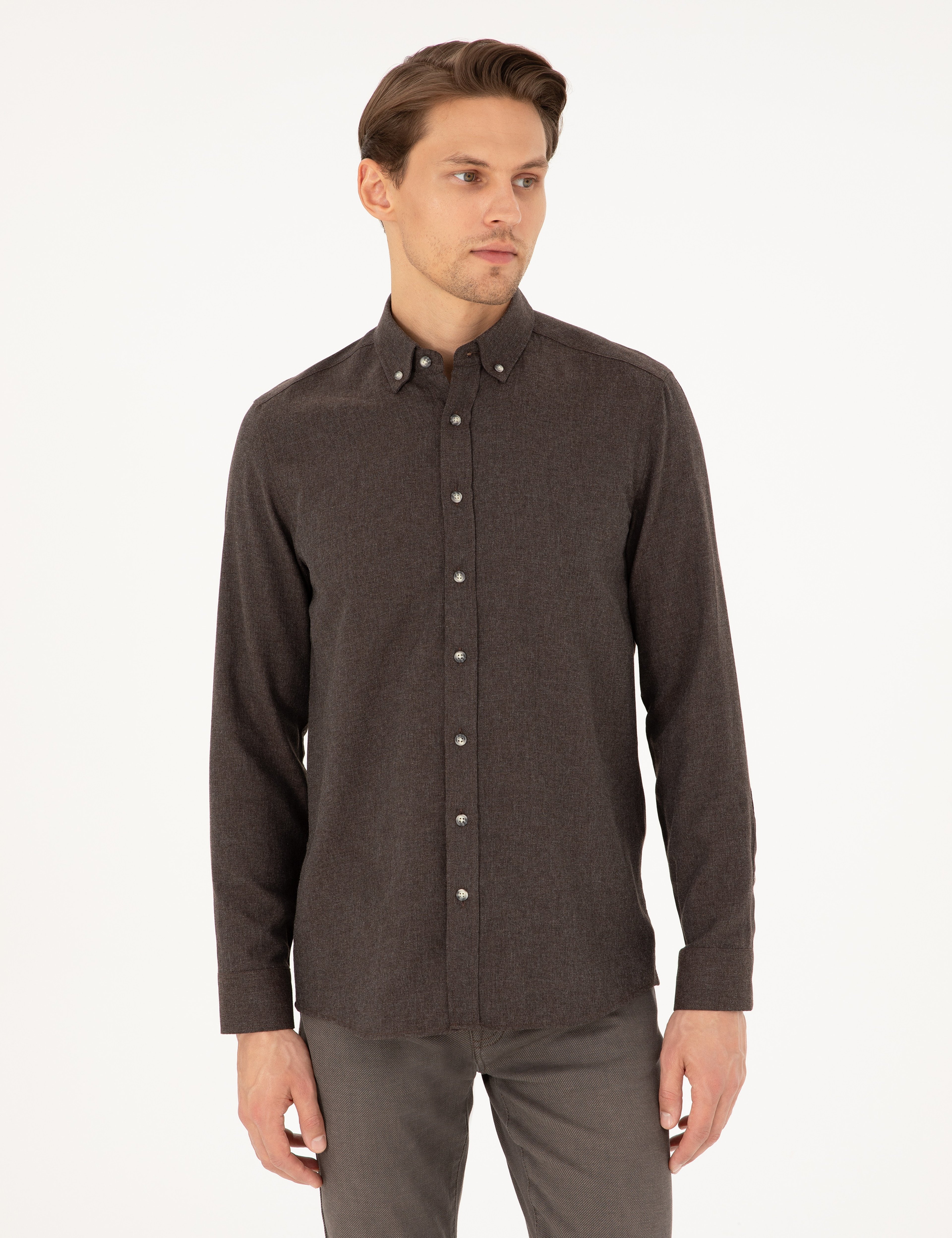 Kahverengi Slim Fit Uzun Kollu Gömlek - Image 1