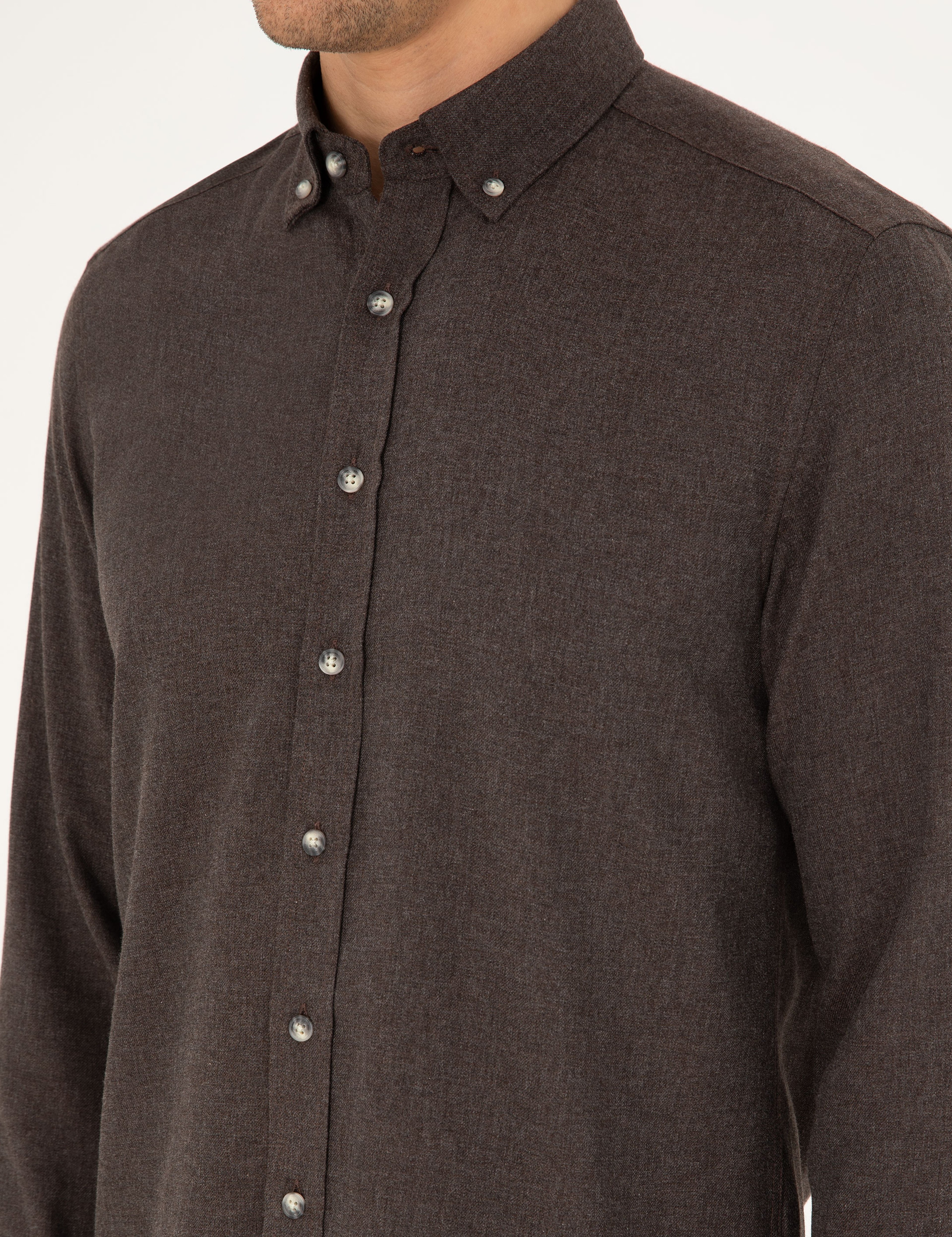 Kahverengi Slim Fit Uzun Kollu Gömlek - Image 7