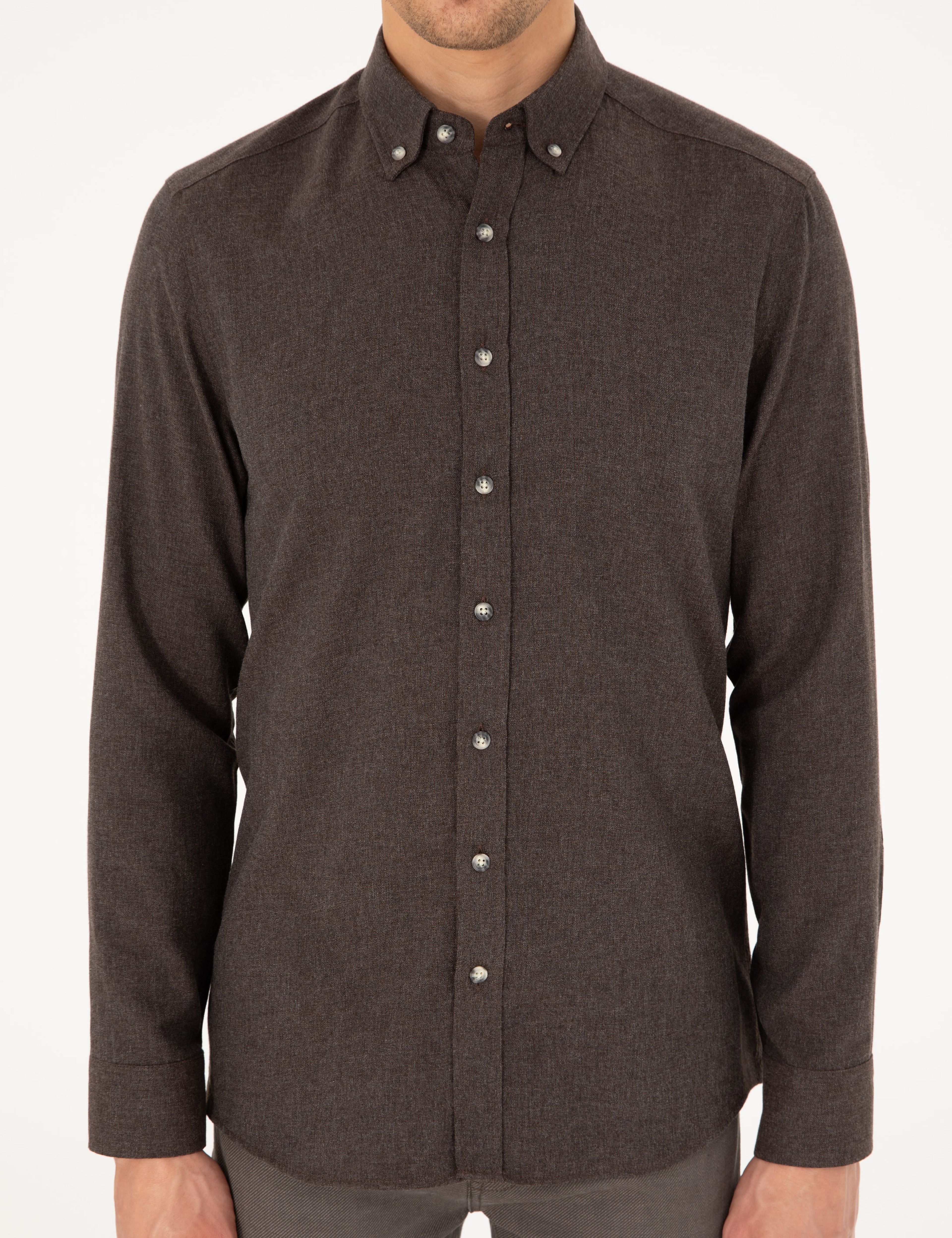 Kahverengi Slim Fit Uzun Kollu Gömlek - Image 6