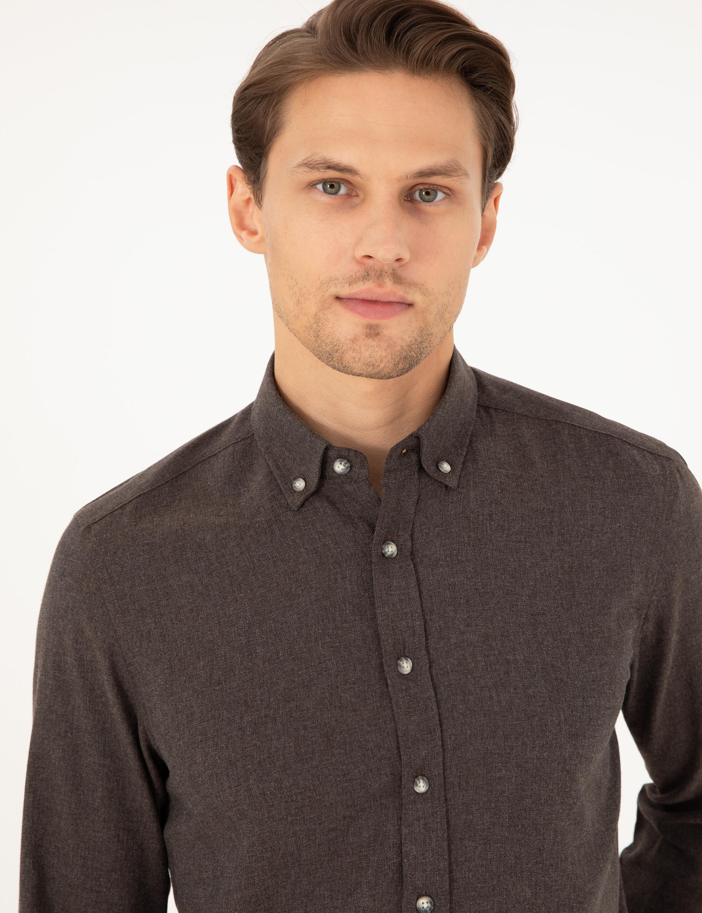 Kahverengi Slim Fit Uzun Kollu Gömlek